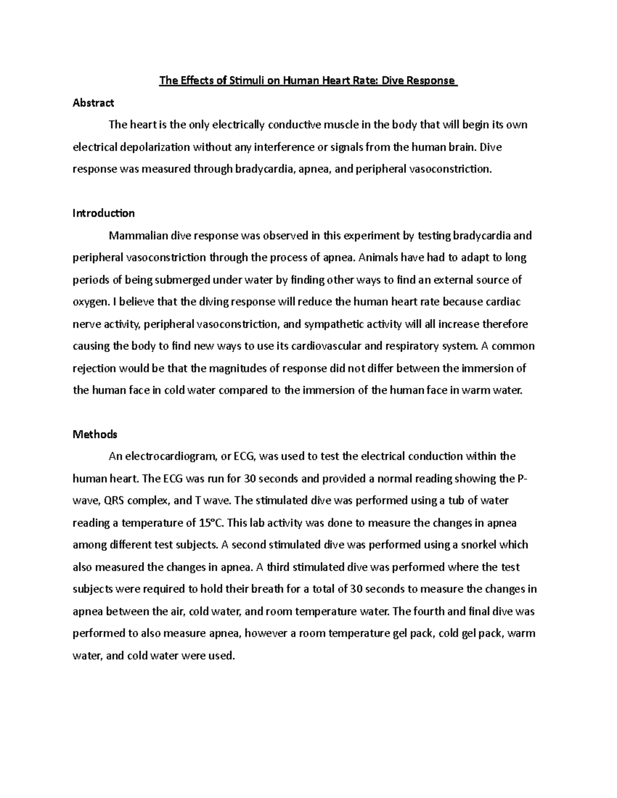 Dive Response - The Effects of Stimuli on Human Heart Rate: Dive ...