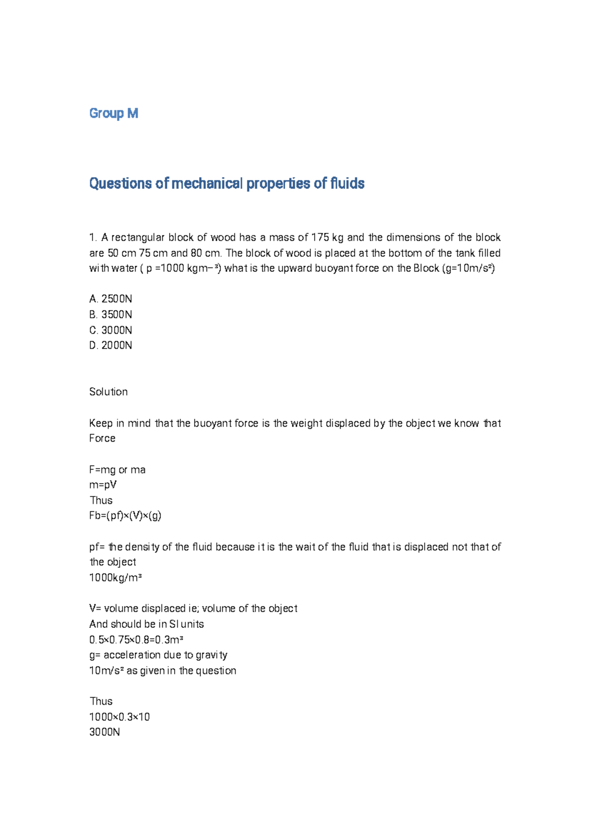 M Mechanical Properties of Fluids Group M Questions of mechanical