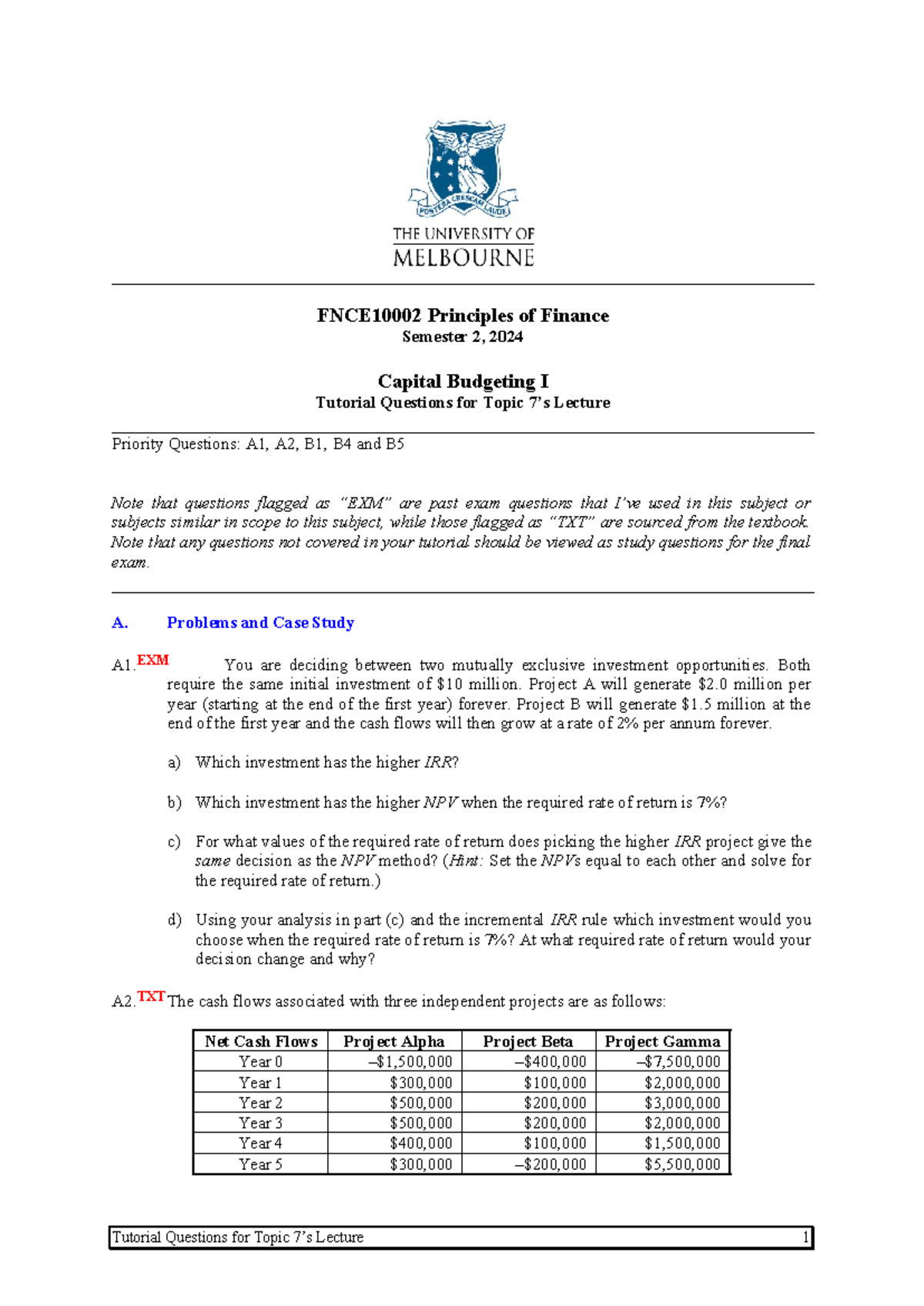 Tutorial 07 - Cap Bud 1 -1 - FNCE10002 Principles of Finance Semester 2 ...