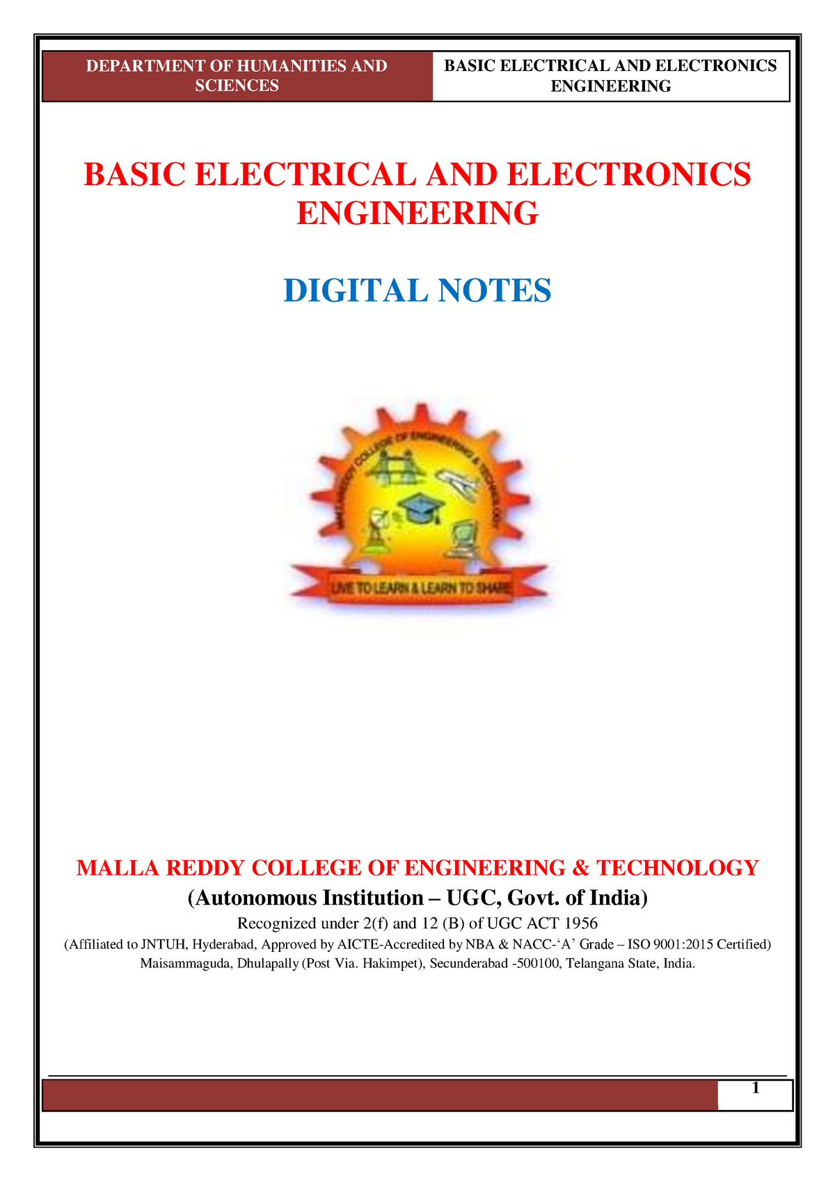 Beee Digital Notes 2020 - SCIENCES BASIC ELECTRICAL AND ELECTRONICS ...