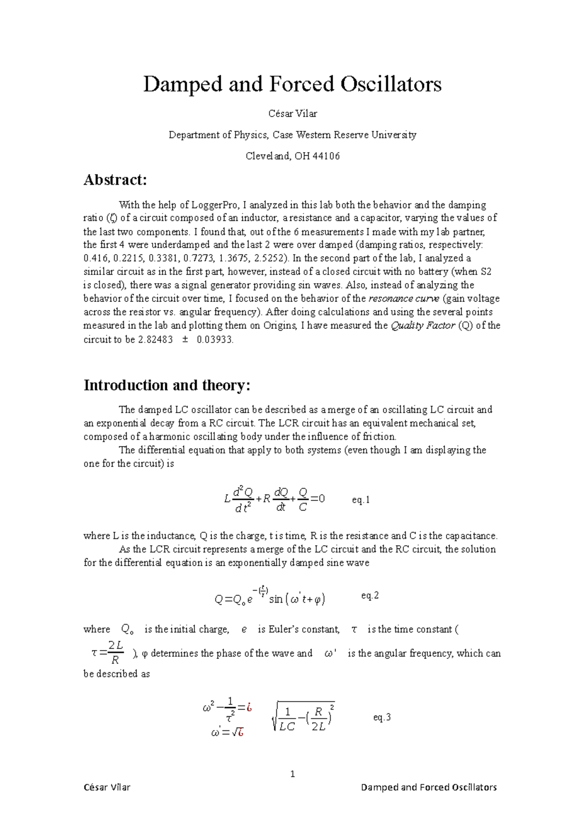 Phys 122 lab 6 normal lab report Damped and Forced Oscillators