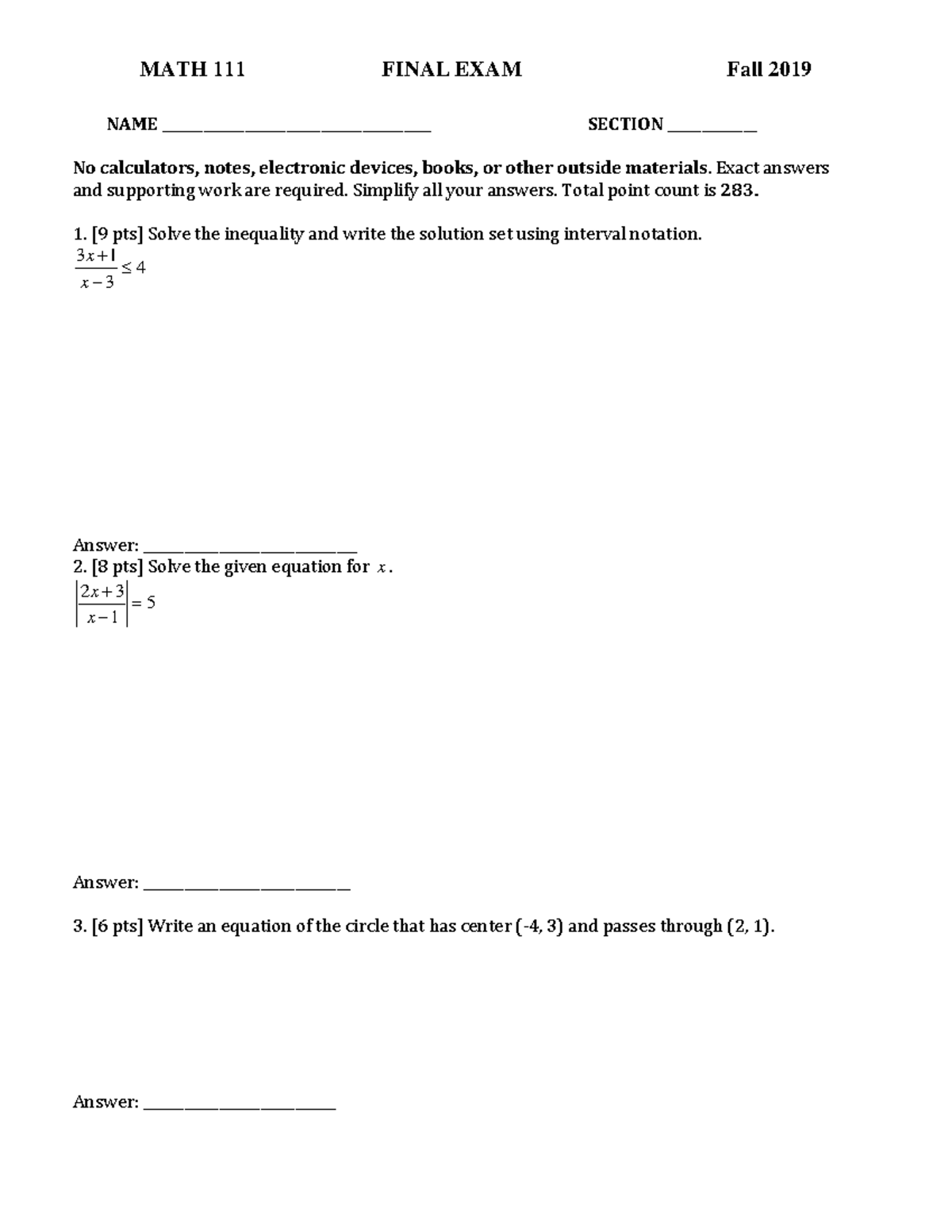 Final-math111 2019 - MATH 111 FINAL EXAM Fall 2019 NAME