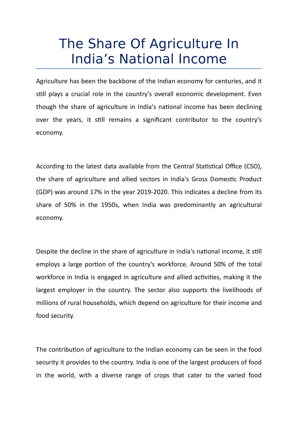 essay on role of agriculture in national development in india