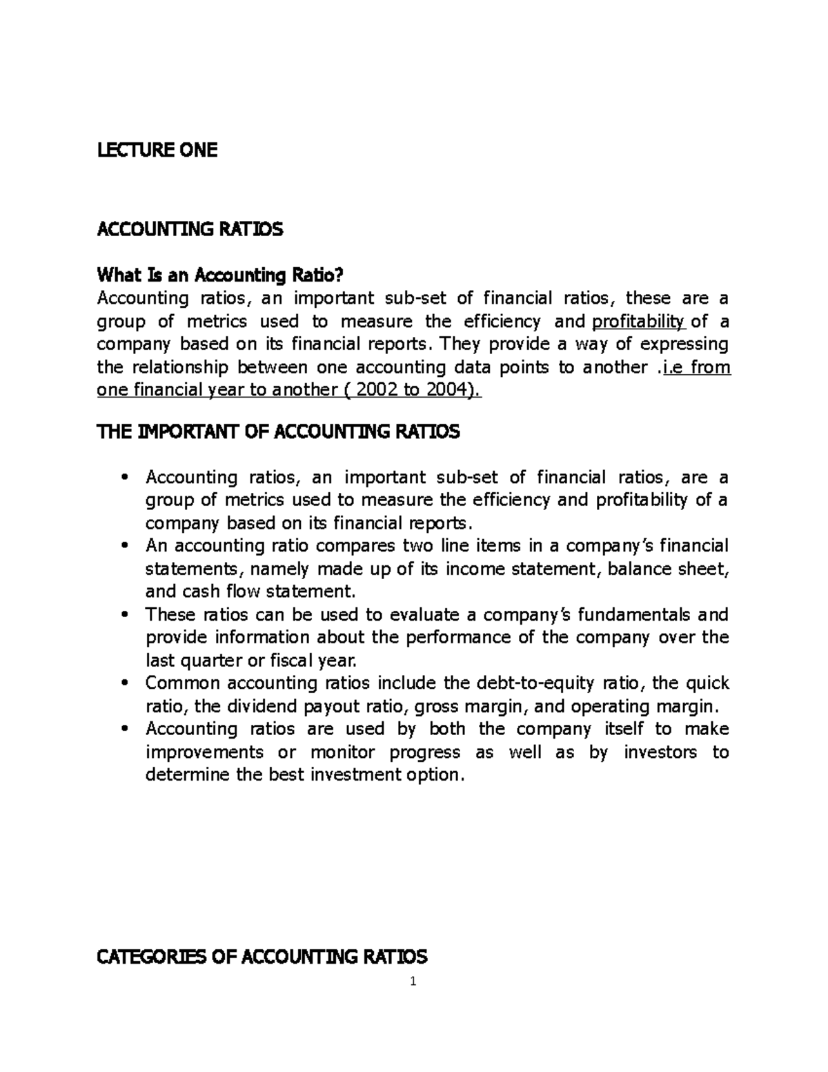 Business Accounting Lecture Notes - LECTURE ONE ACCOUNTING RATIOS What