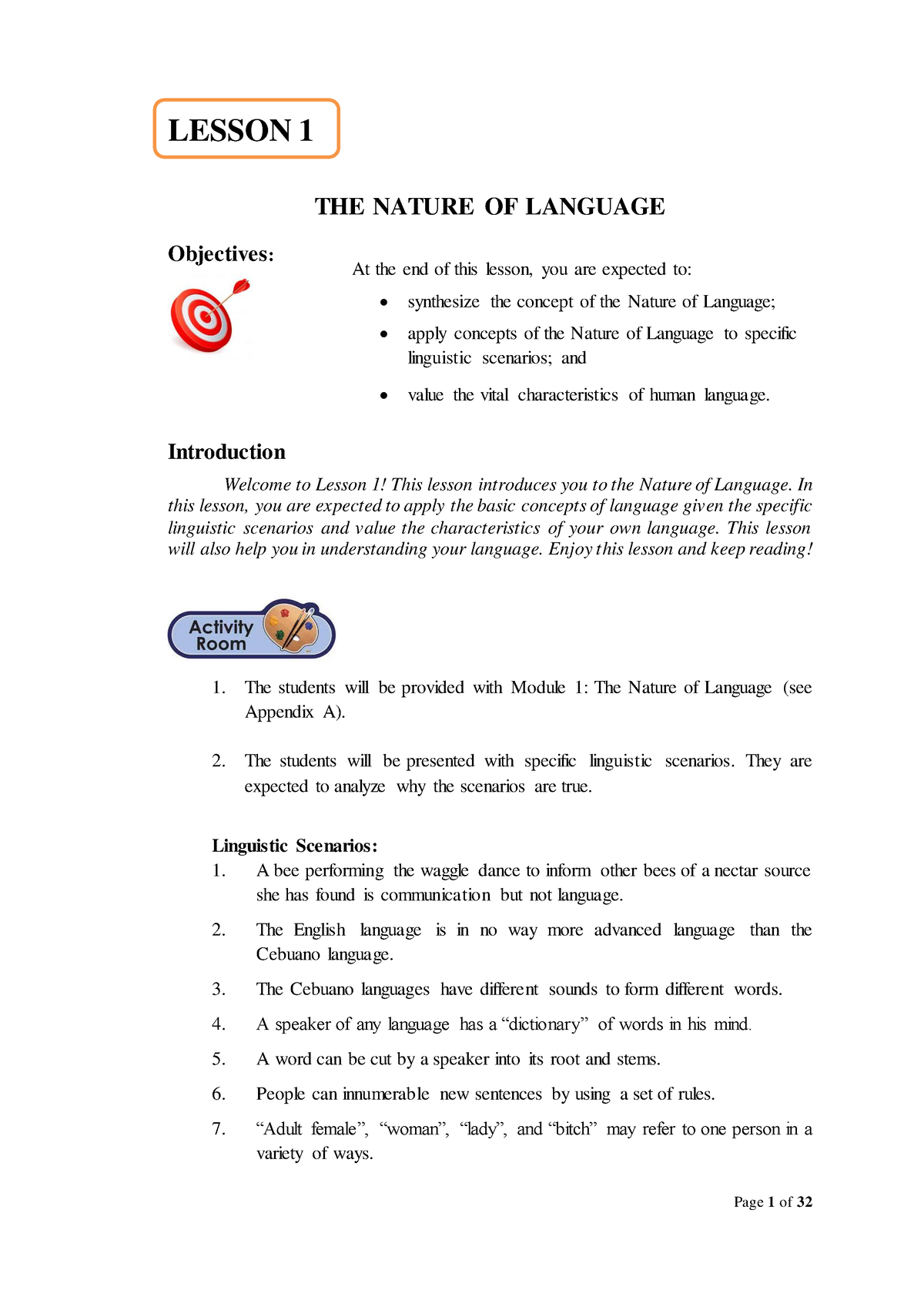 Purposive Communication Module 1 Lesson 1 The Nature Of Language Objectives Introduction 