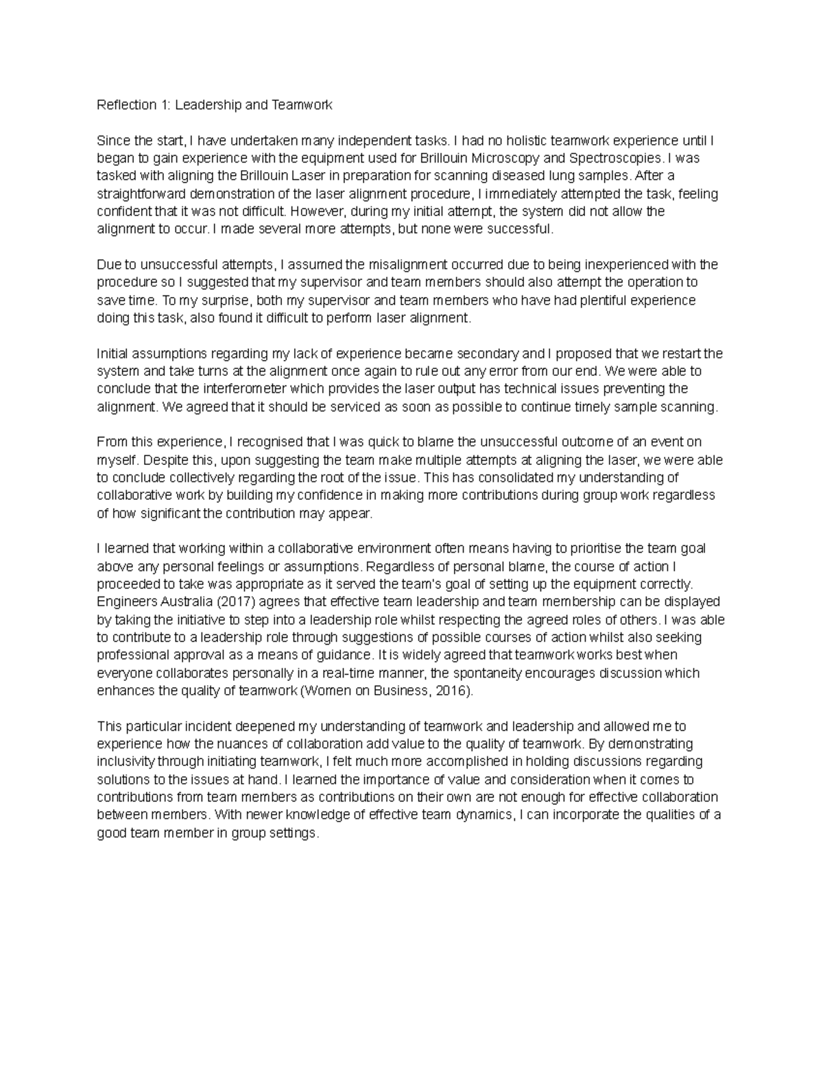 PPR1 Task 1A - passed - Reflection 1: Leadership and Teamwork Since the ...