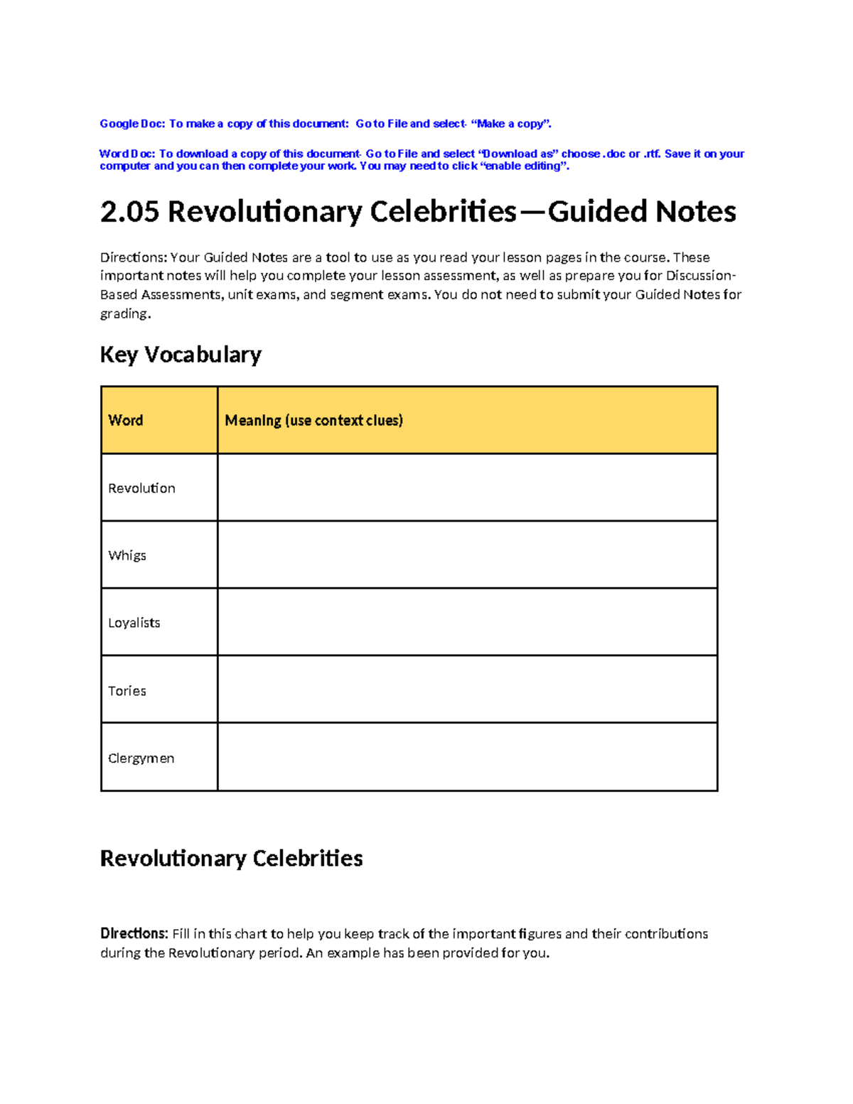 2.05 Revolutionary Celebrities - Guided Notes - Google Doc: To make a ...