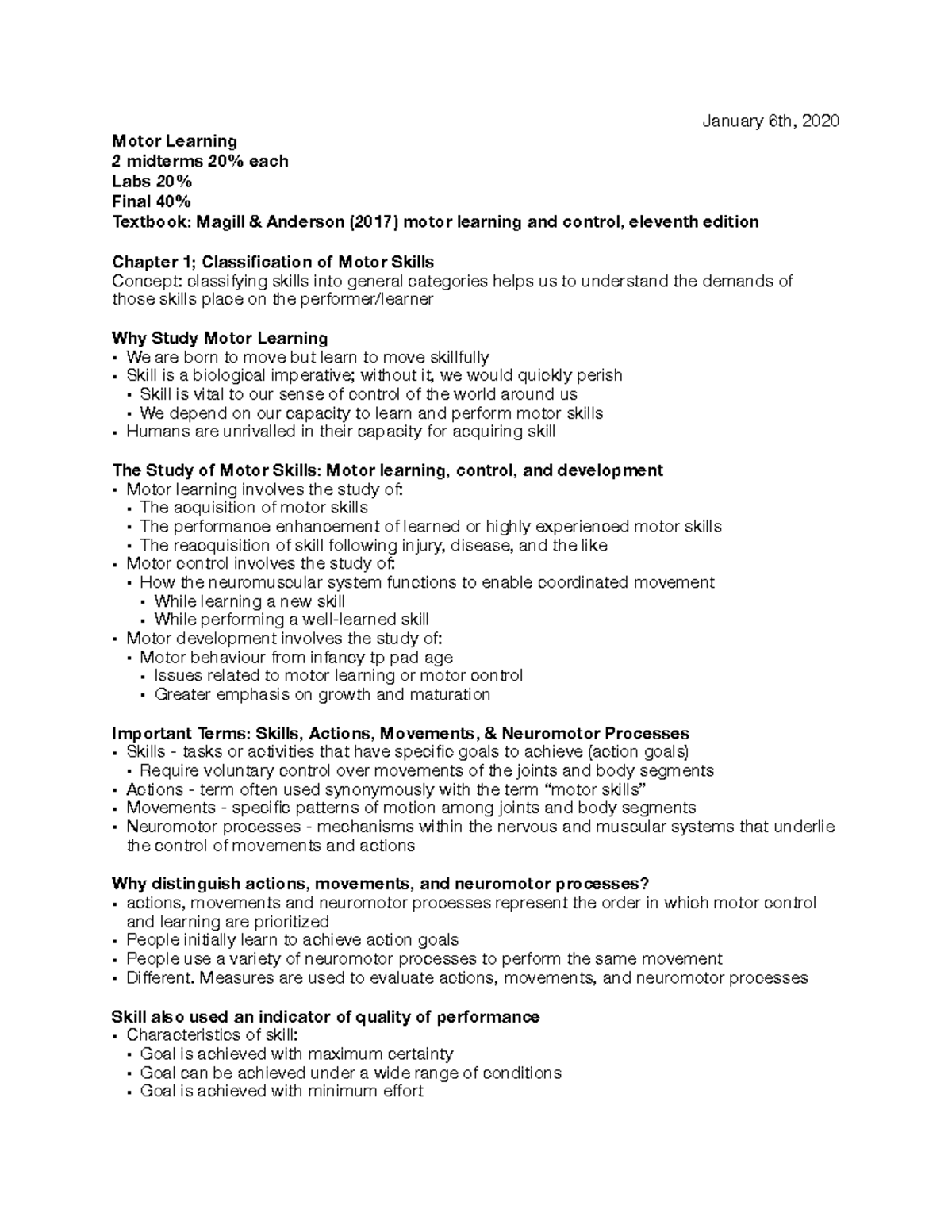 Motor Learning Lecture notes 15 January 6th, 2020 Motor Learning 2