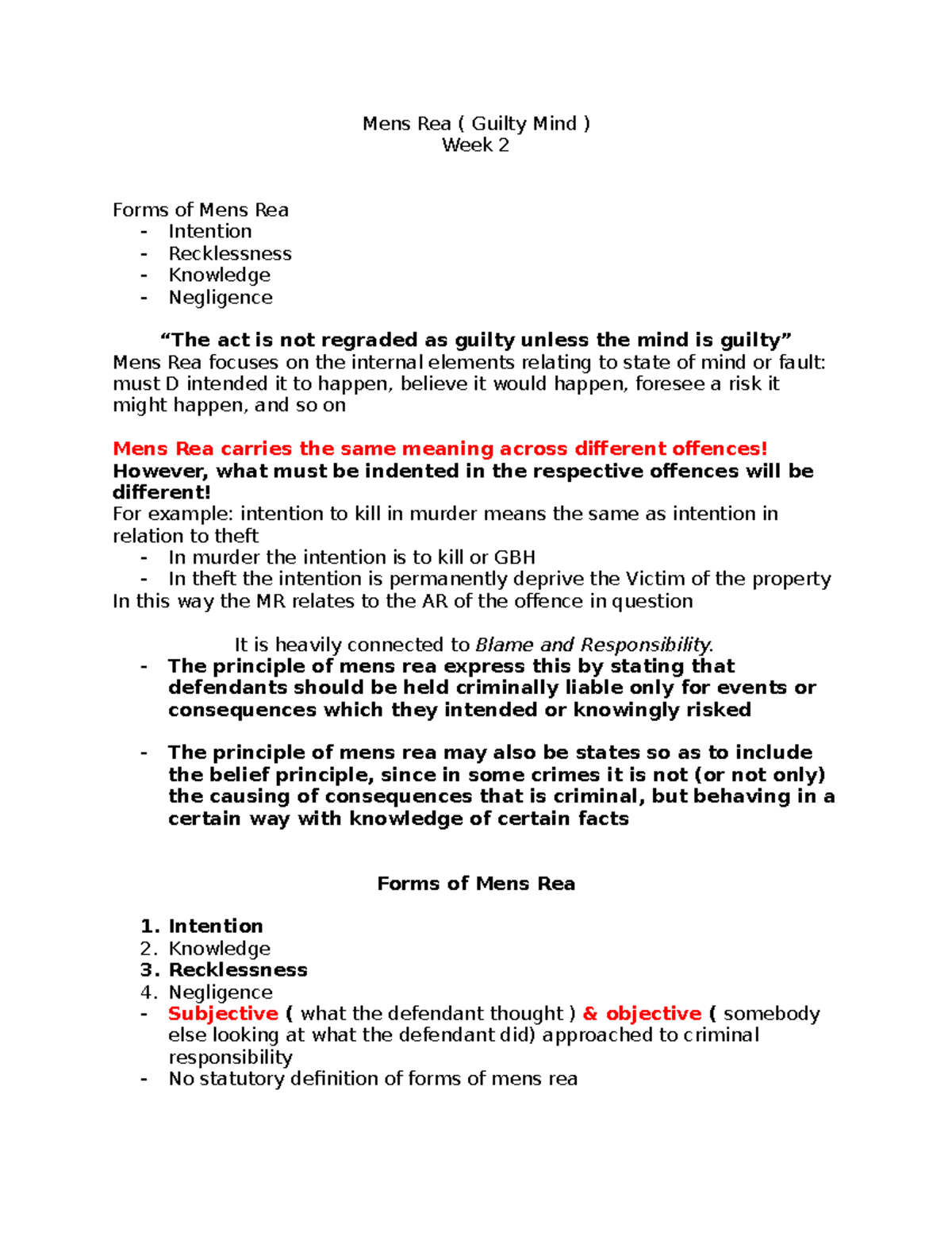Mens Rea - Lecture notes 2 - Mens Rea ( Guilty Mind ) Week 2 Forms of ...
