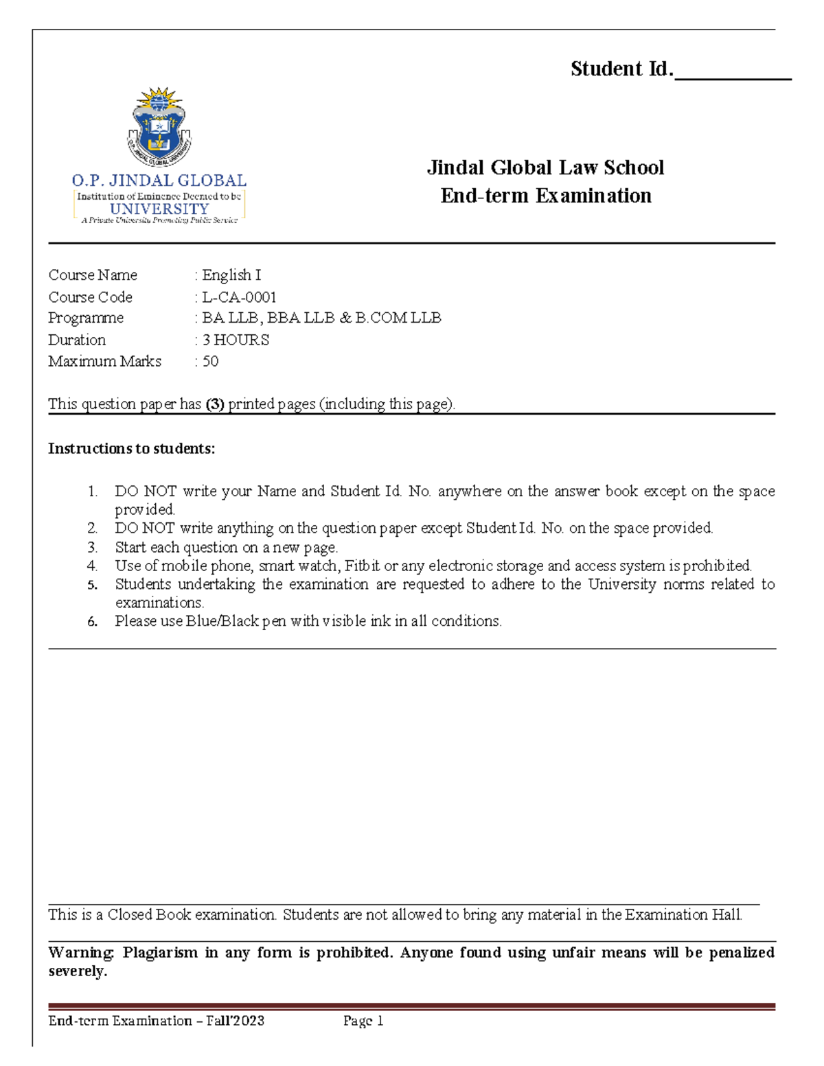 English I - aevkewv;kewv ;ew ed;s - Student Id. Course Name : English I ...