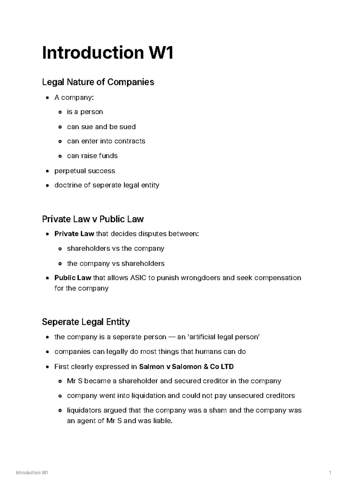 Corp Law Week 1 Notes - Introduction W1 1 Introduction W Legal Nature ...