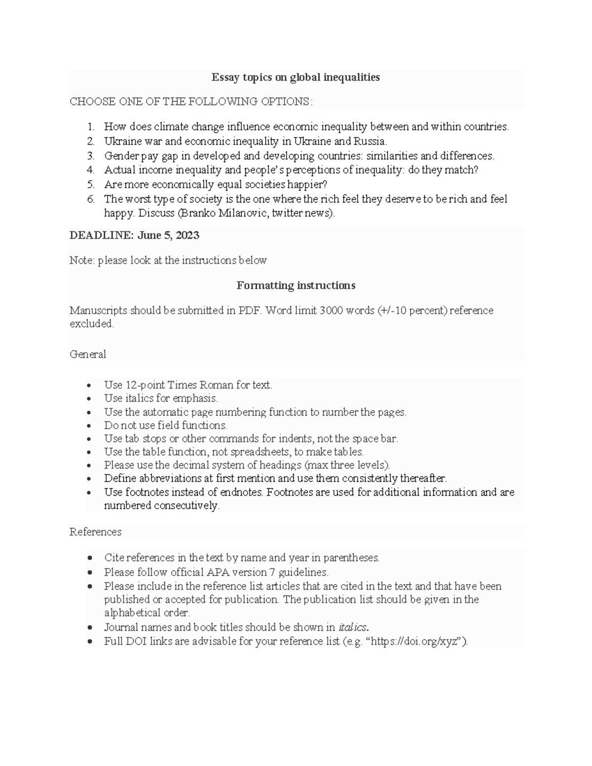 Essay topics 2023 Essay topics on global inequalities CHOOSE ONE OF