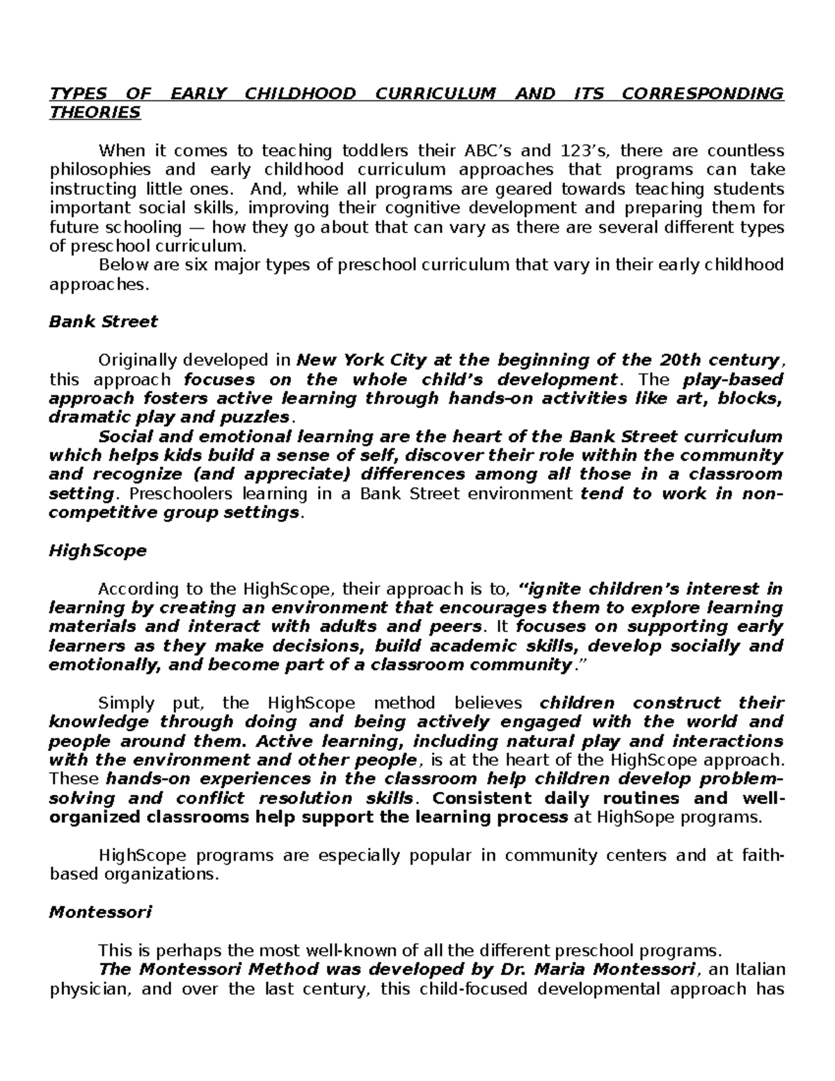 Lesson 2 ECE 014 - CURRICULUM PLANNING - TYPES OF EARLY CHILDHOOD