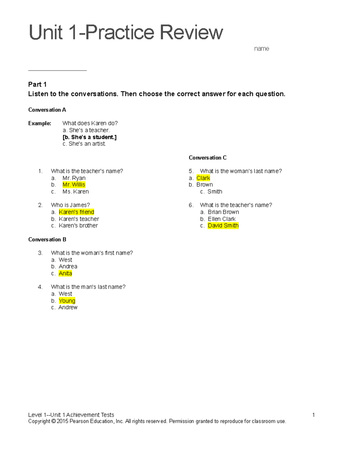 Top Notch 1 Unit 1 Assessment Unit 1Practice Review name