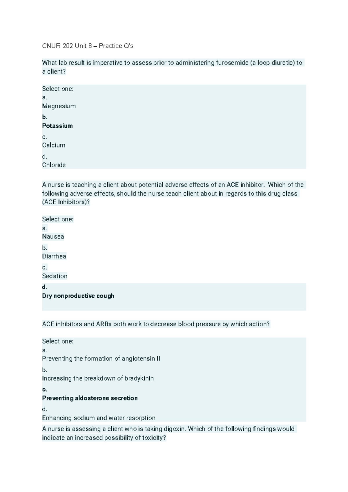 CNUR 202 Unit 8 – Practice Q’s - CNUR 202 Unit 8 – Practice Q’s What ...