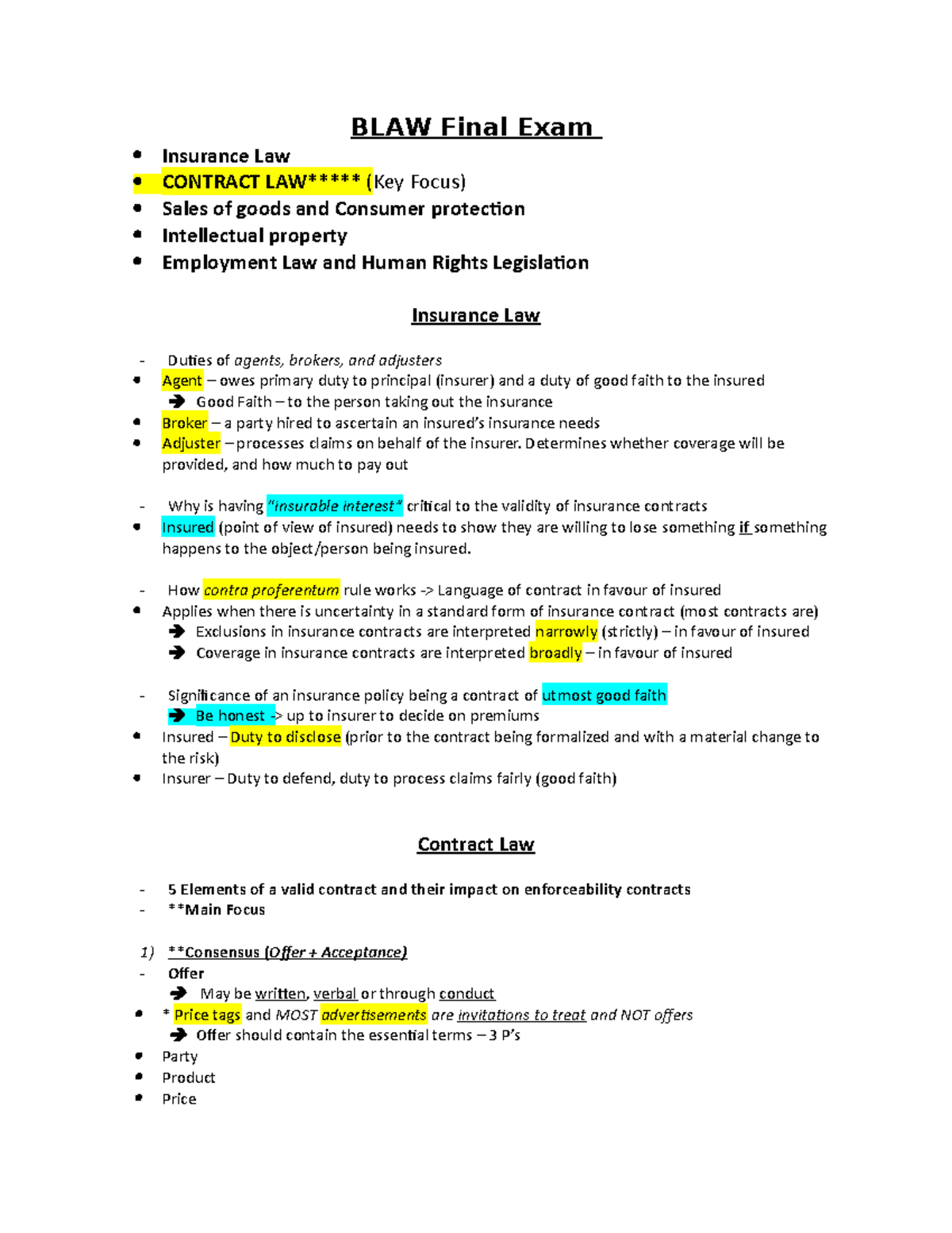 BLAW Final Exam Bible - BLAW Final Exam Insurance Law CONTRACT LAW ...