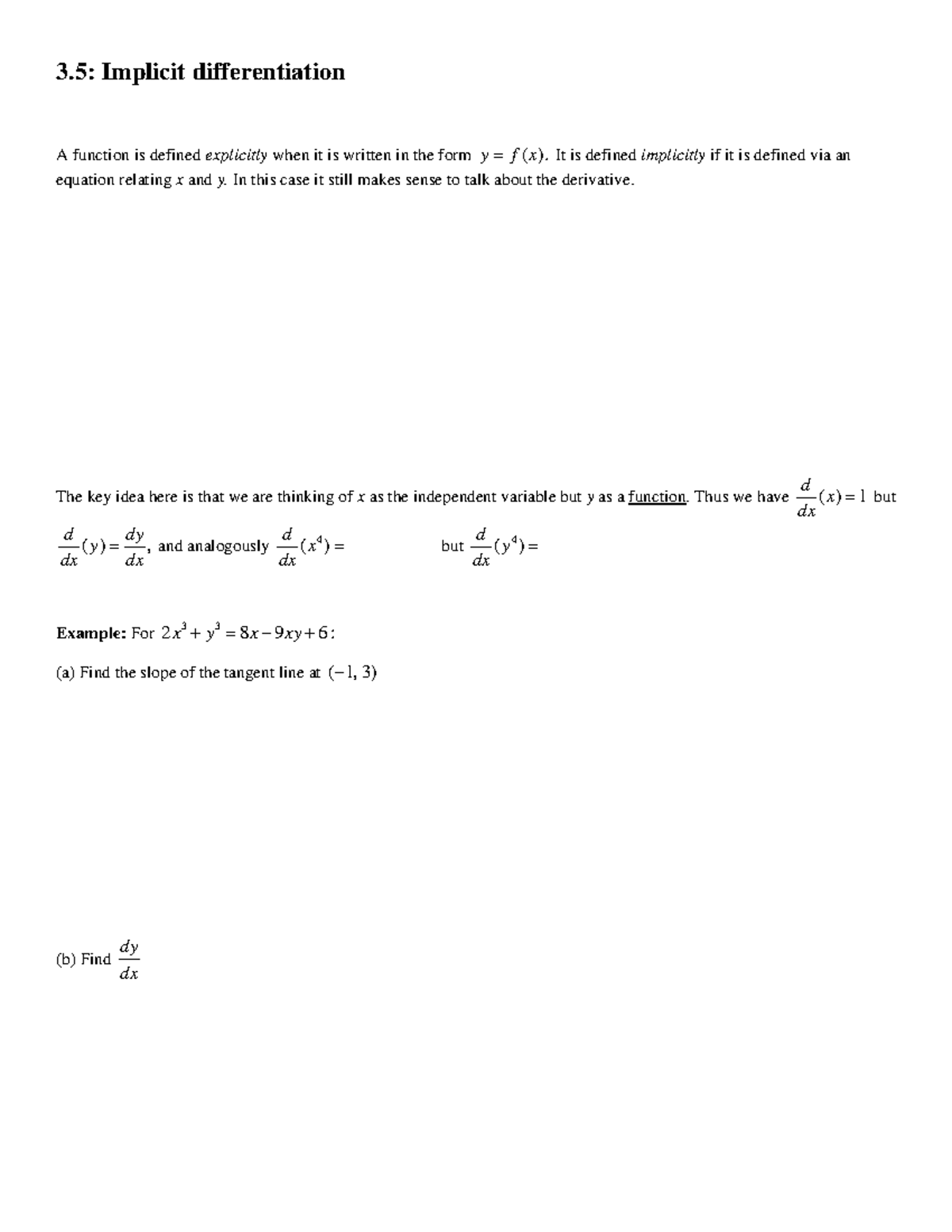 3.5 notes w/o keys - 3: Implicit differentiation A function is defined ...