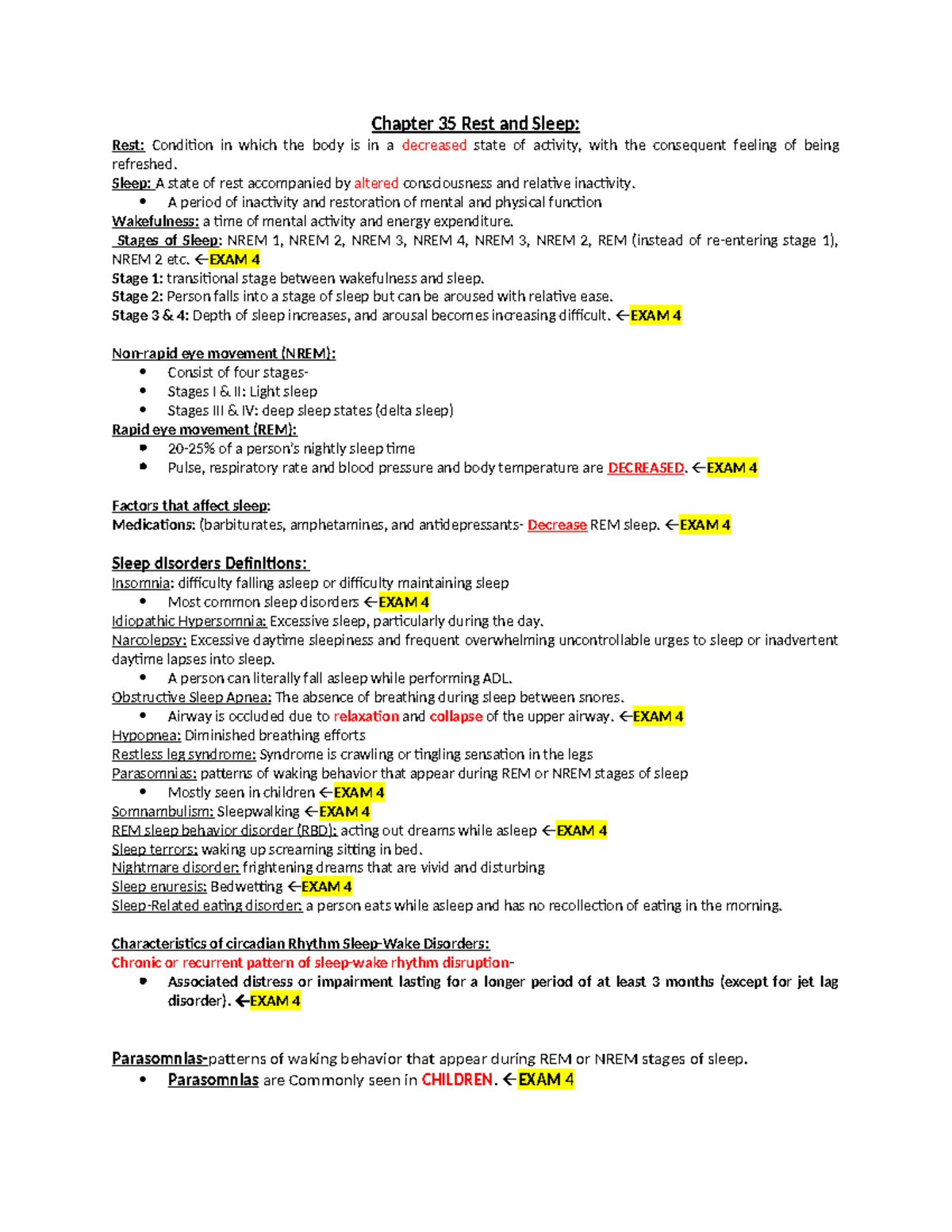 EXAM 4 - Exam 4 prep nursing fundamentals - Chapter 35 Rest and Sleep ...