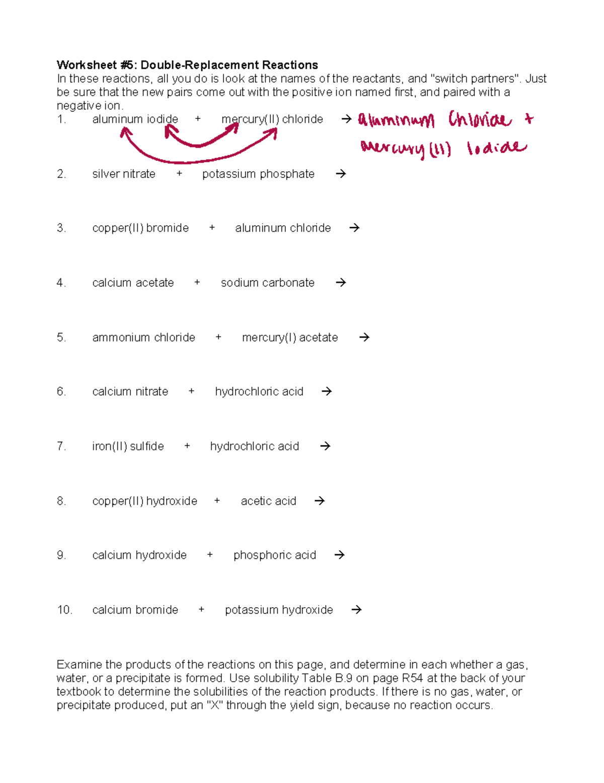 Double Displacement Reactions - Worksheet #5: Double-Replacement Reactions  In these reactions, all - Studocu