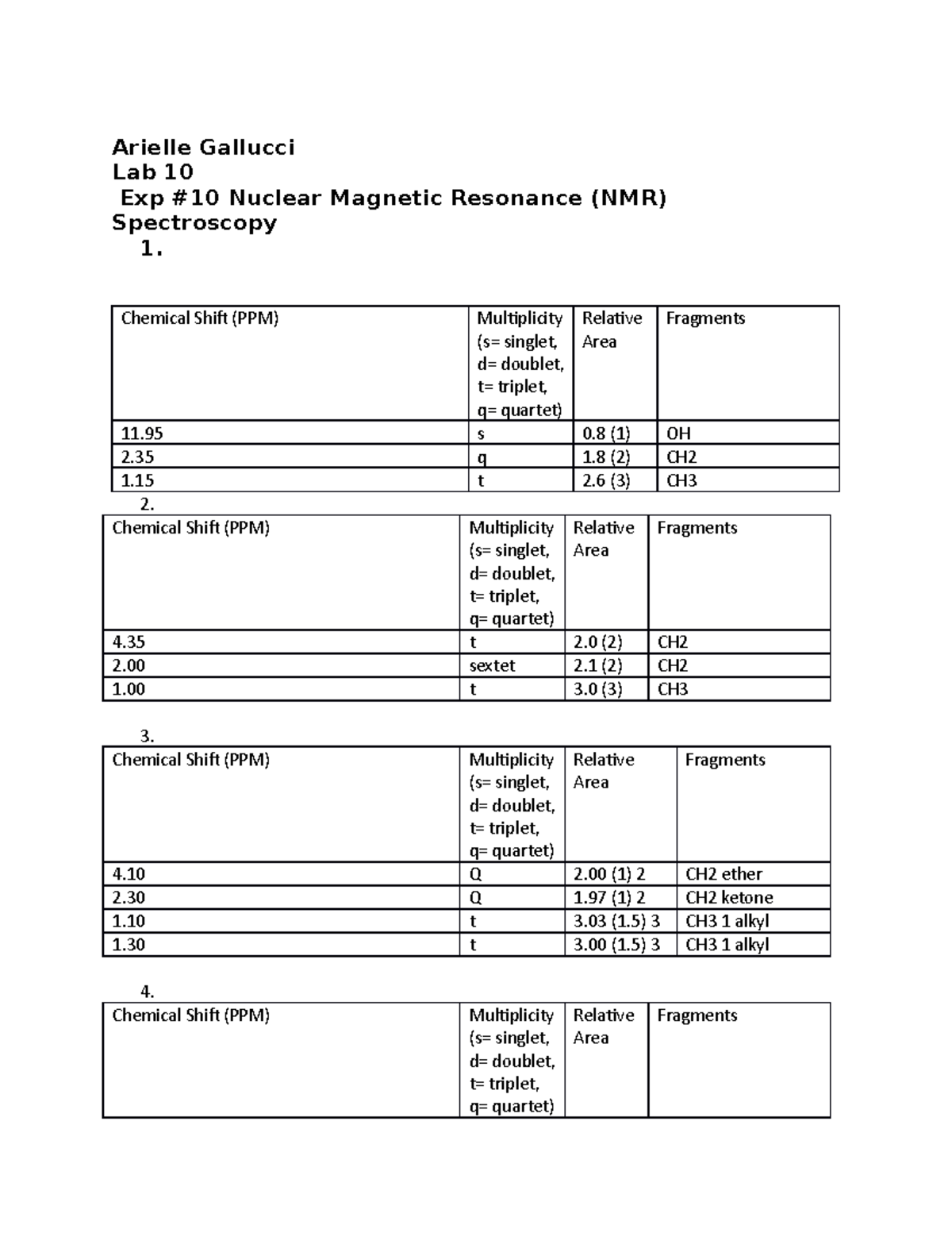 Lab report 10 - Arielle Gallucci Lab 10 Exp #10 Nuclear Magnetic ...