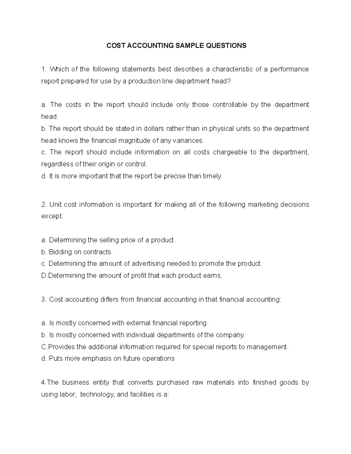 COST Accounting Sample Questions . COST ACCOUNTING SAMPLE QUESTIONS