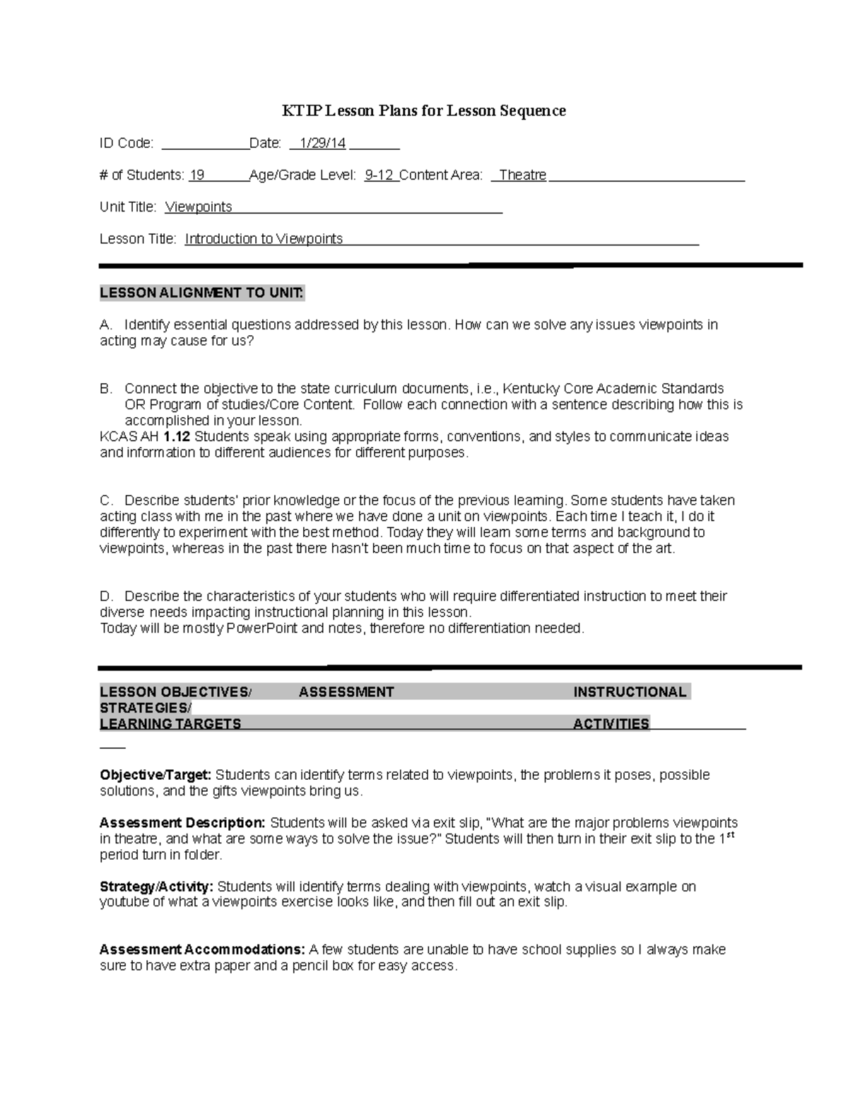 Cycle 2 Day 1 Intro to Viewpoints KTIP Lesson Plans for Lesson