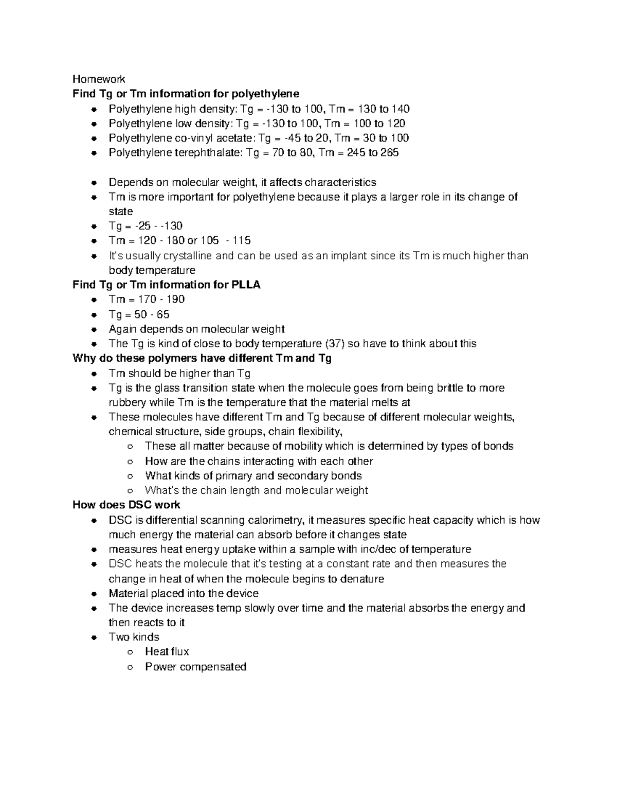 Homework Sept 17 - Homework Find Tg or Tm information for polyethylene ...