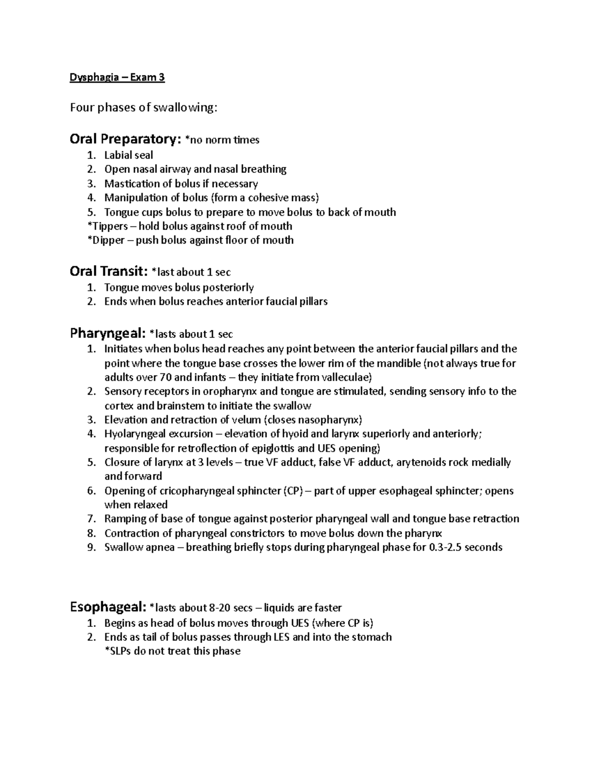 Dysphagia – Exam 3 - Lecture notes 5-8 - Dysphagia – Exam 3 Four phases ...