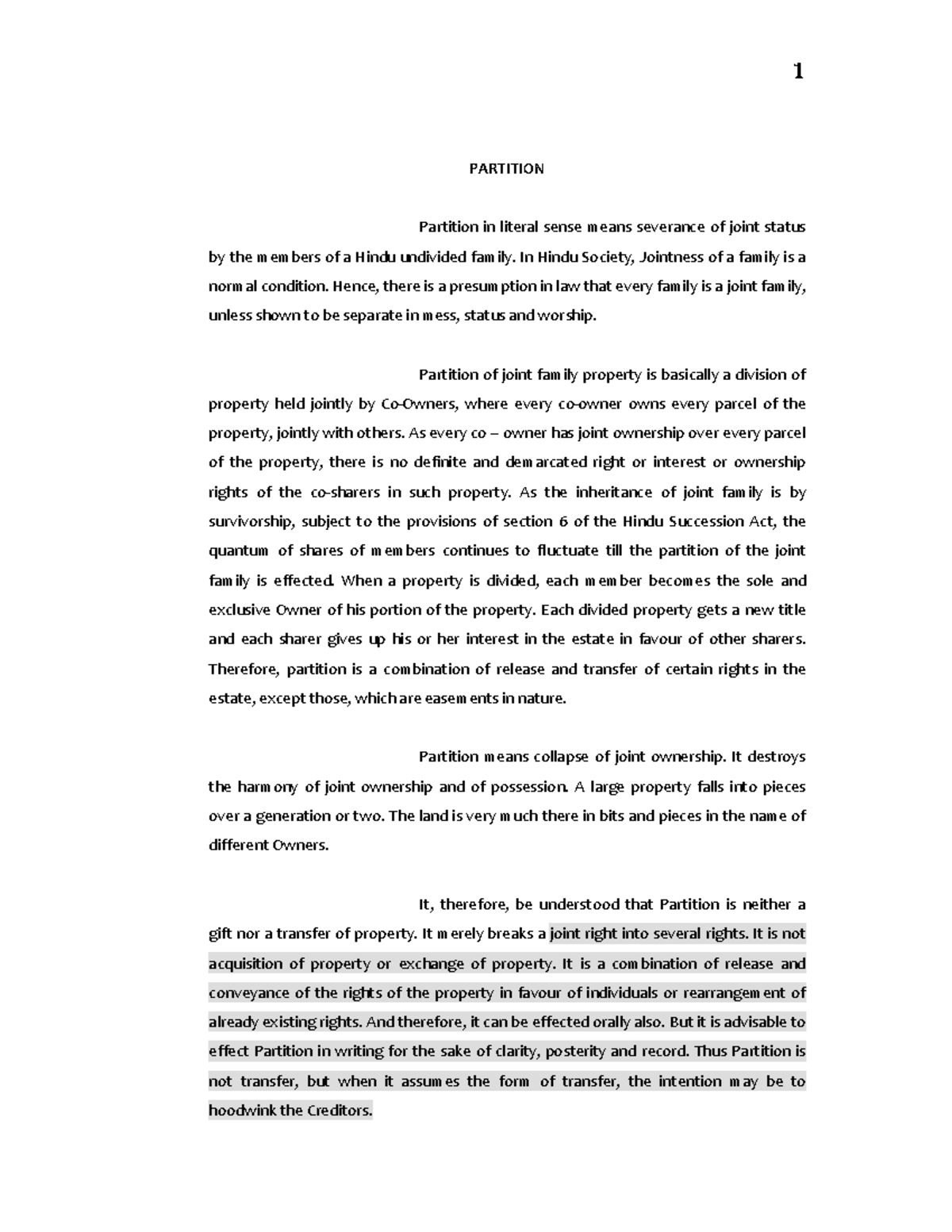 Notes on Partition and Wills of on HUF PARTITION Partition