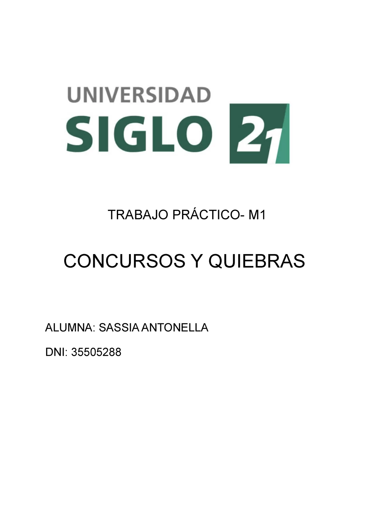 Tp 1 Concurso Y Quiebra Trabajo PrÁctico M Concursos Y Quiebras