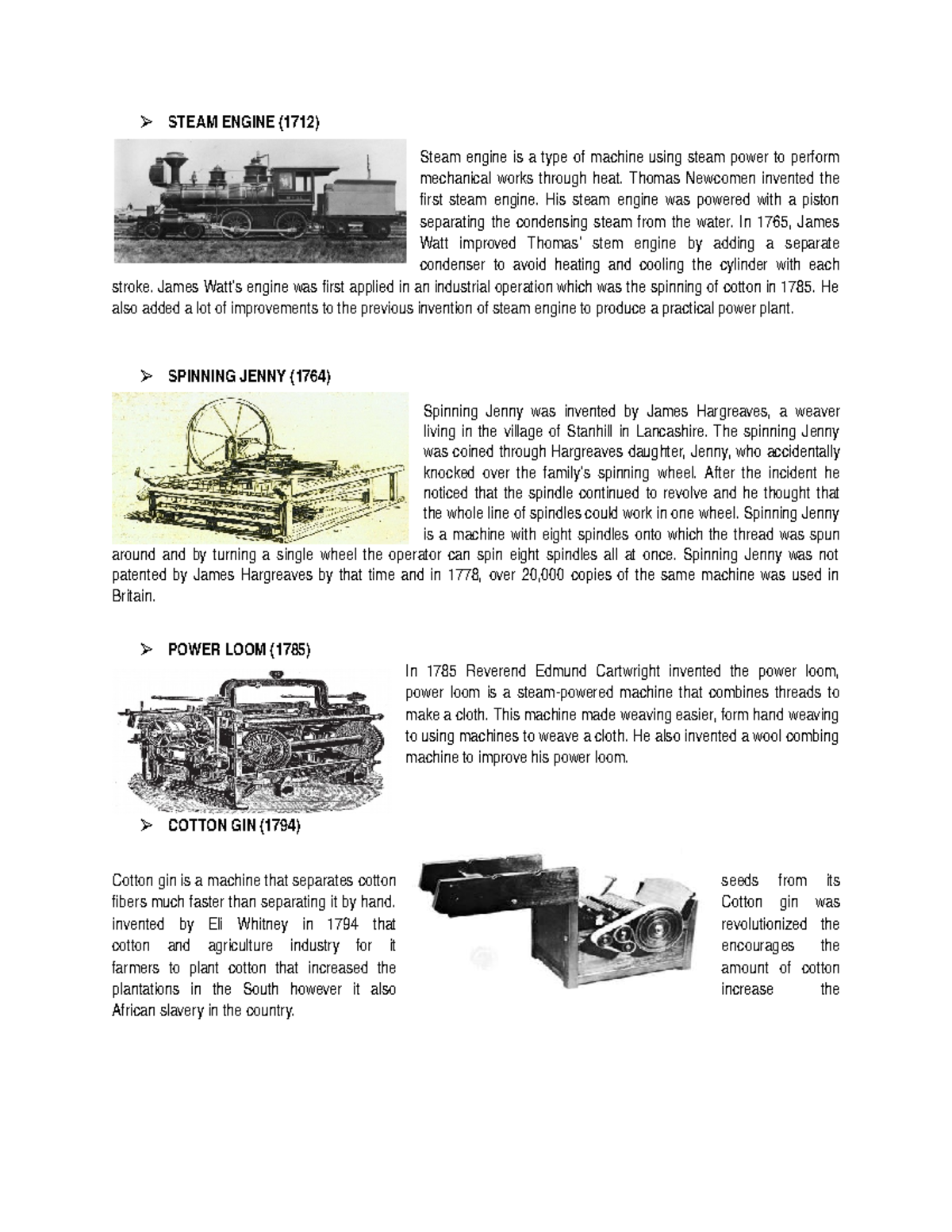 Inventions (industrial inventions) from 17121794 STEAM ENGINE (1712