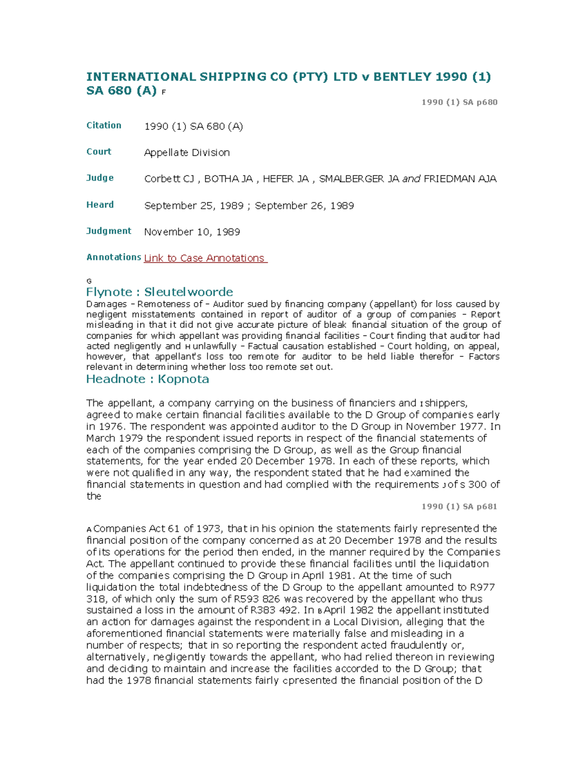 International Shipping Co v Bentley INTERNATIONAL SHIPPING CO (PTY