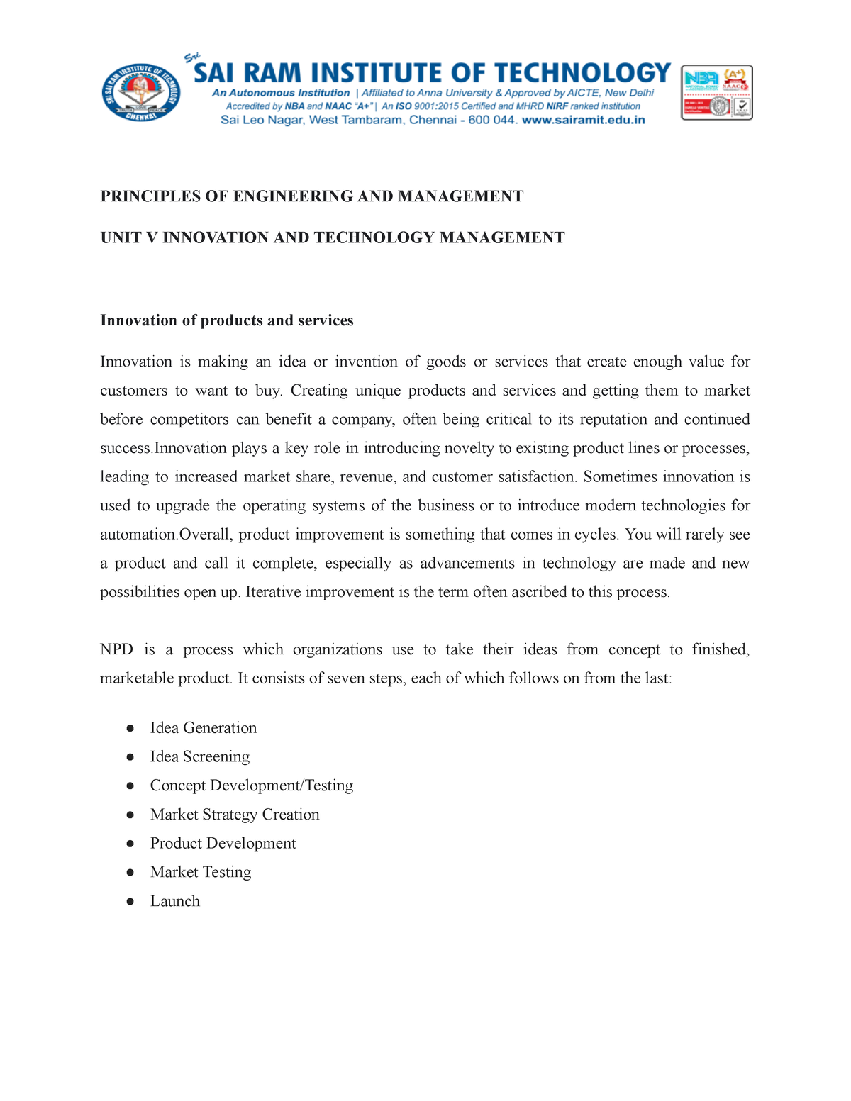 PEM 5th UNIT - notes - PRINCIPLES OF ENGINEERING AND MANAGEMENT UNIT V ...