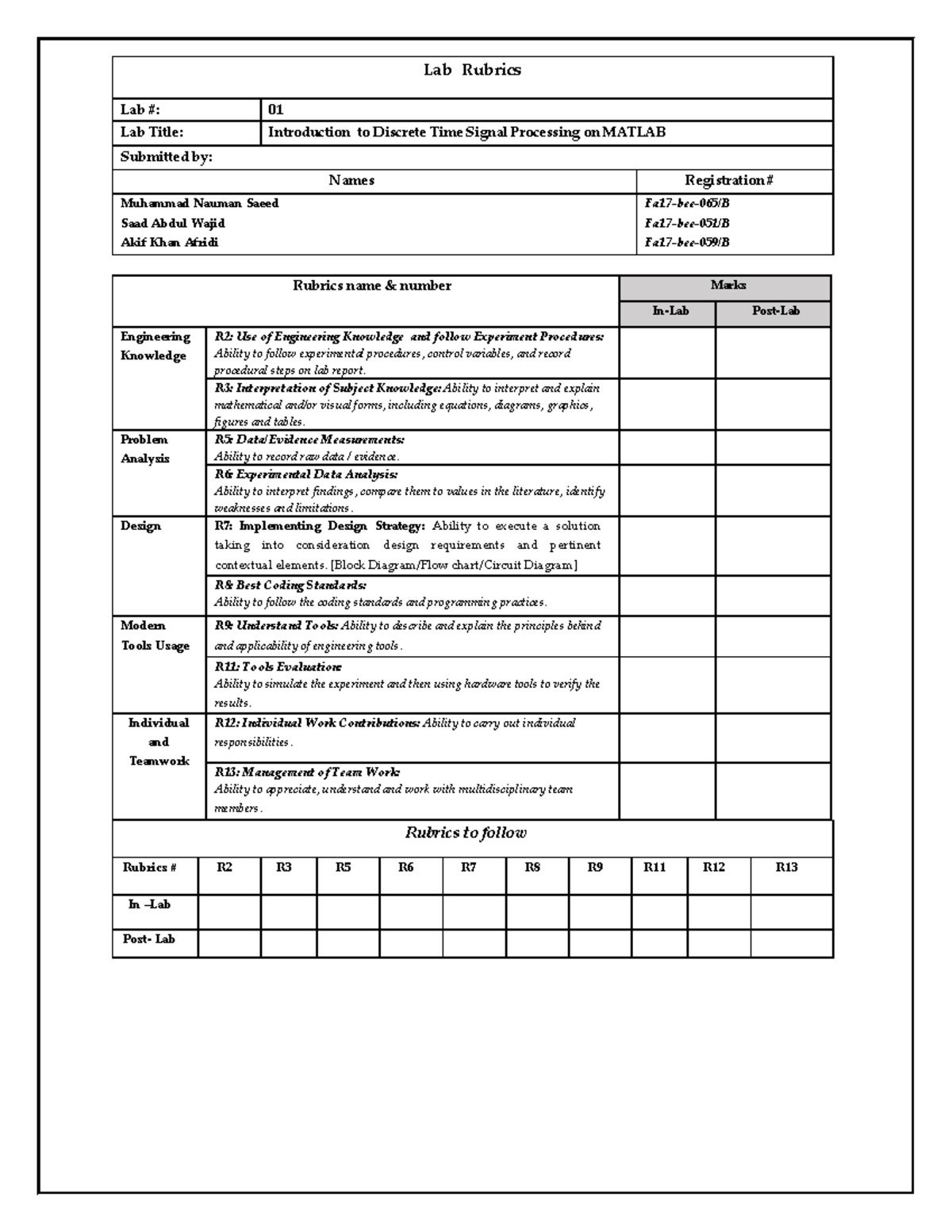 DSP lab 01 - Dsp lab 01. - Rubrics to follow Rubrics # R2 R3 R5 R6 R7 ...