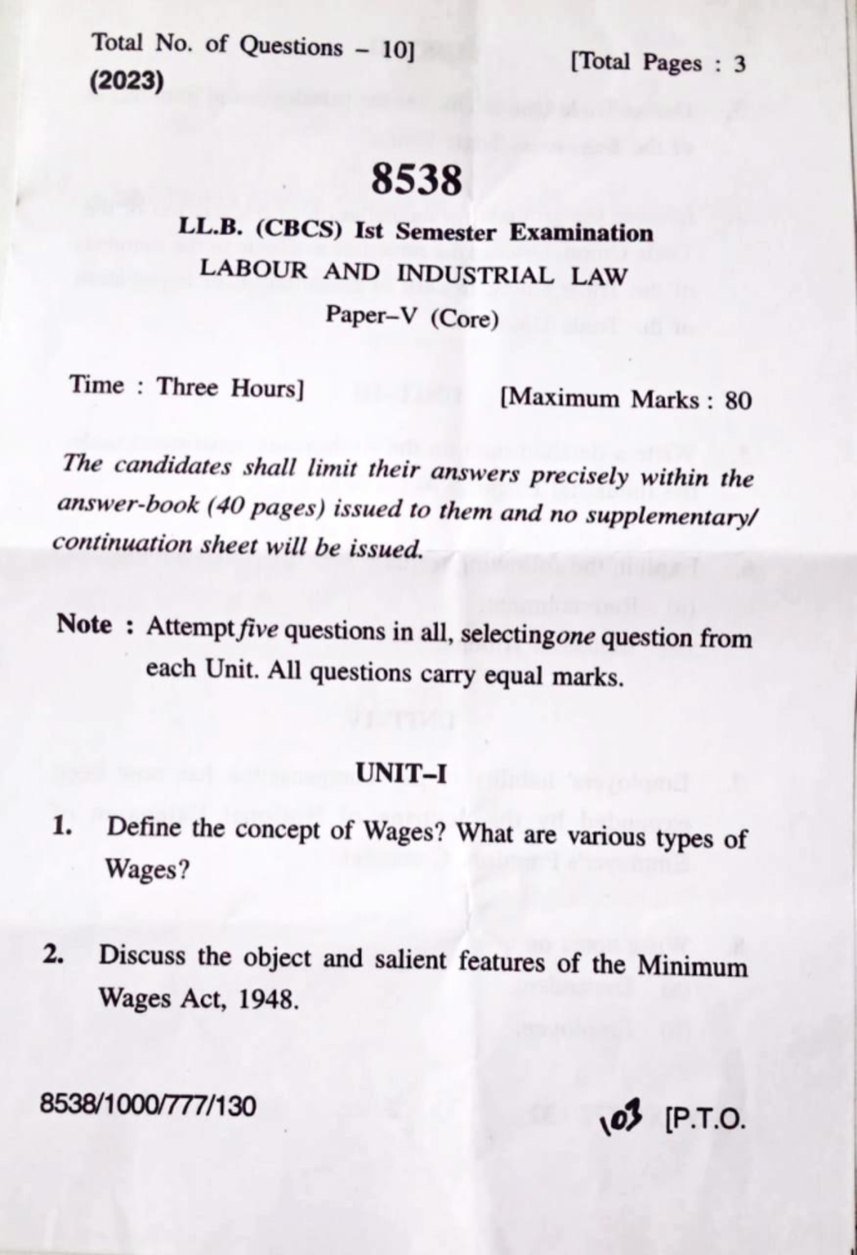 Labour and Industrial Law Semester -I LLb - Total No. of Questions ...