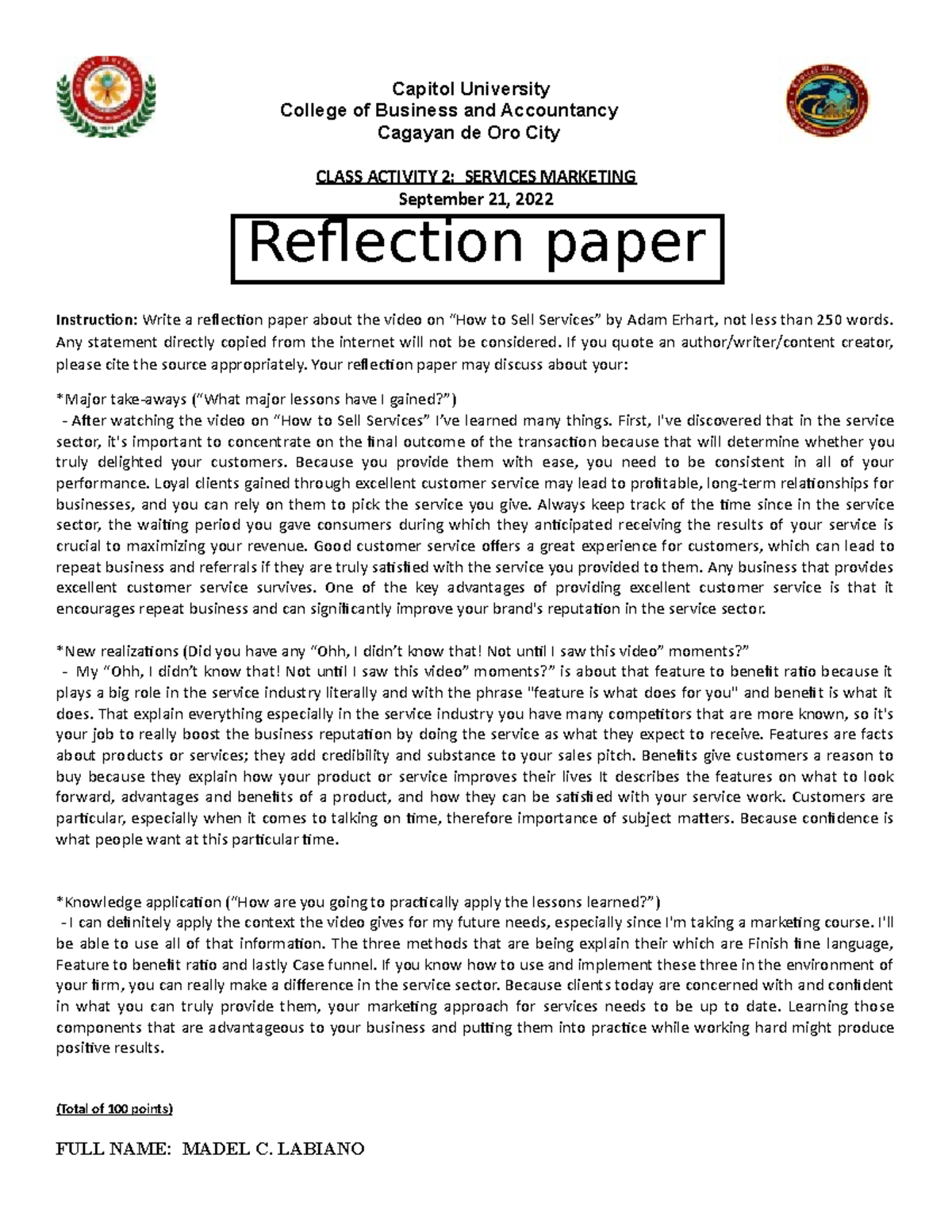 Week 3 Class Group Activity 02 Services Marketing (Reflection paper ...