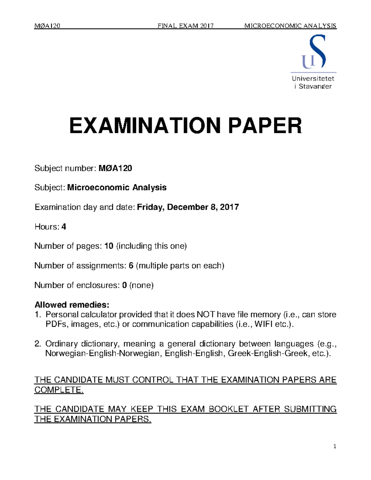 2017 Exam Examen EXAMINATION PAPER Subject number MØA