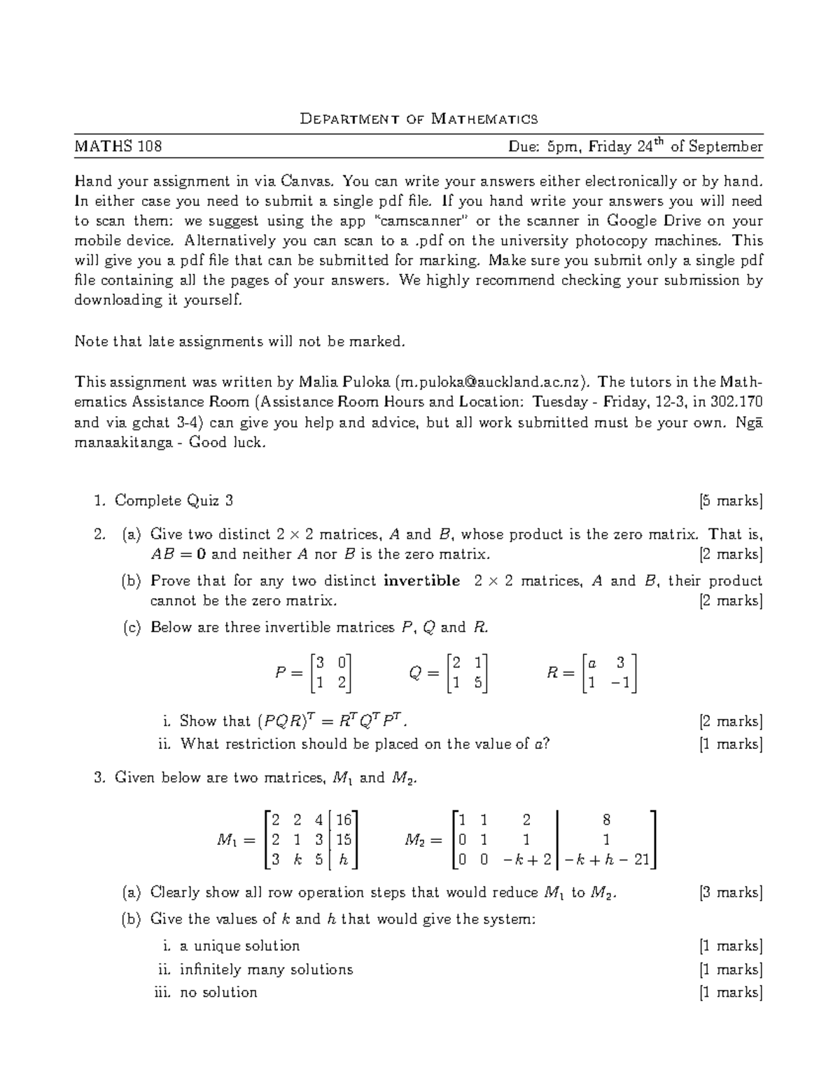 2021 Assignment 4 for Maths 108 - Questions - Department of Mathematics ...