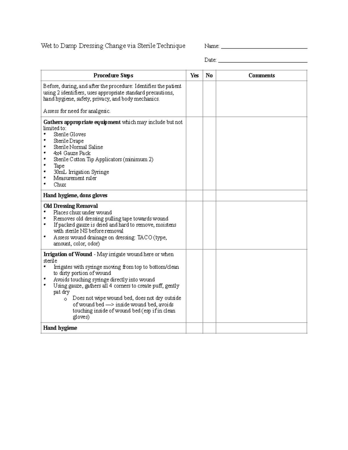 Wet to Moist Dressing Change Checklist Wet to Damp Dressing Change