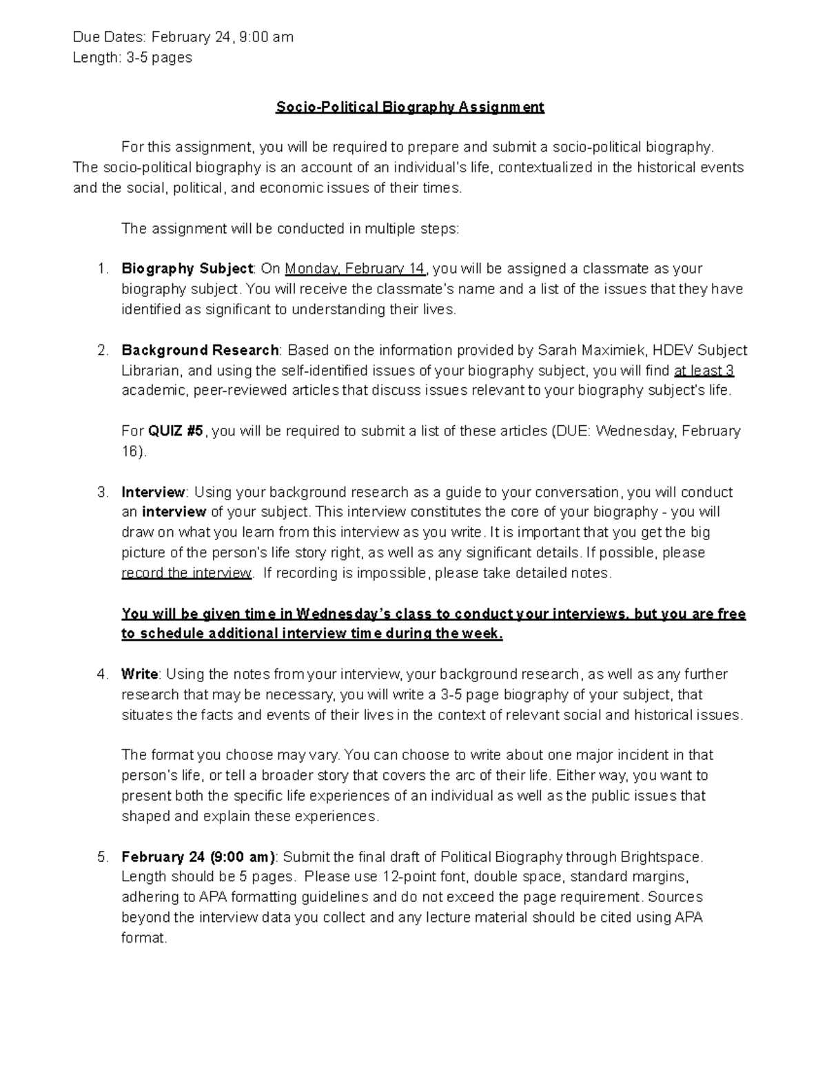 Socio-Political Biography Assignment - Due Dates: February 24, 9:00 am ...