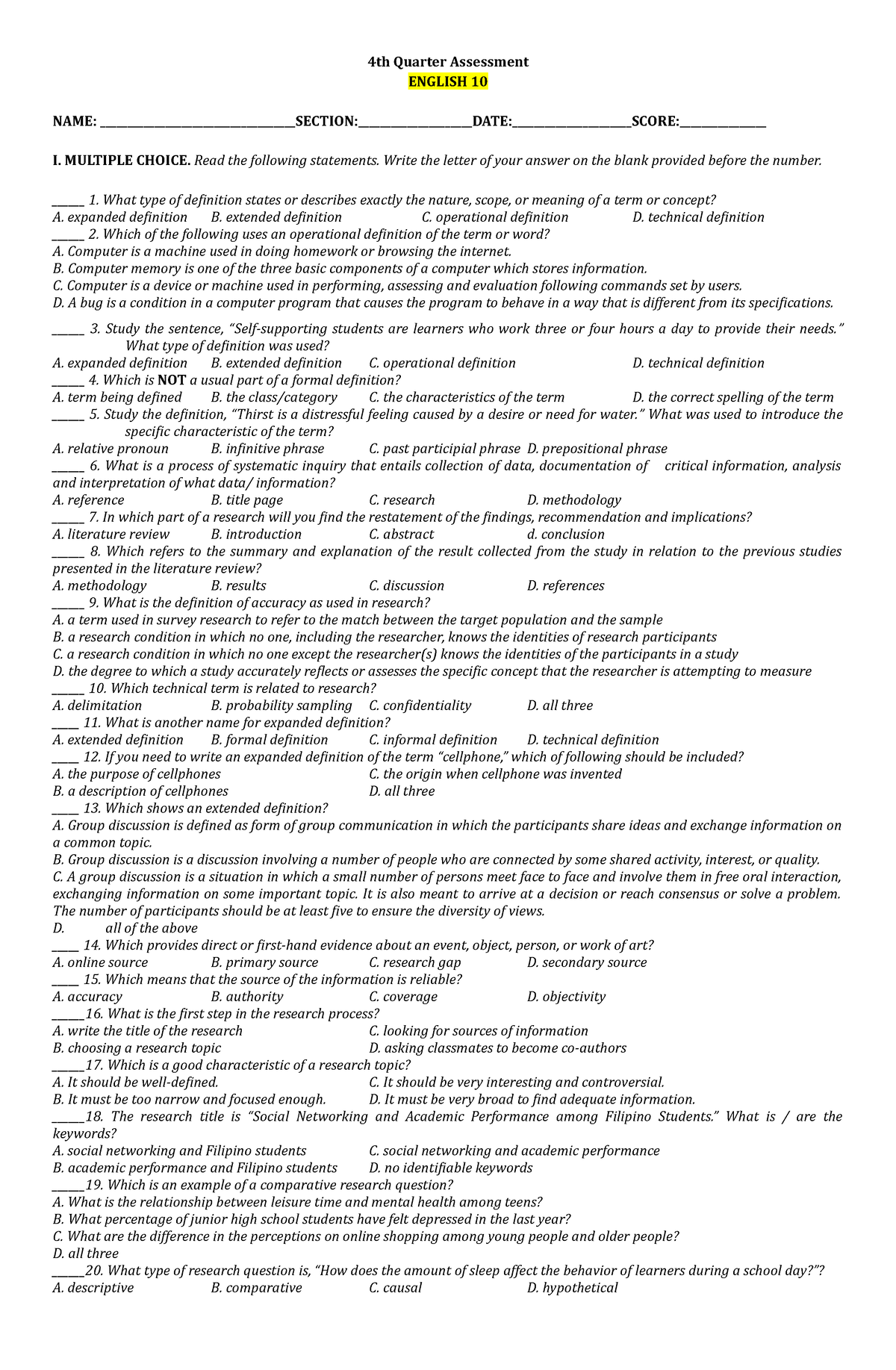 Q4 ENG10 Quarterly Assessment - 4th Quarter Assessment ENGLISH 10 NAME ...