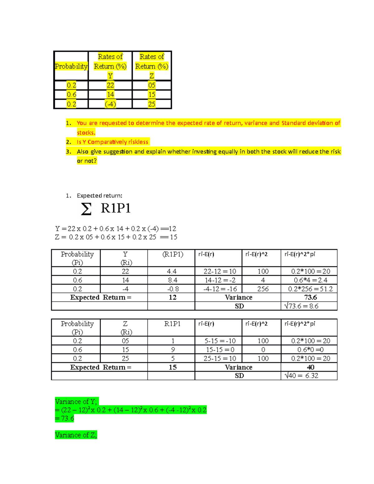 M Model RP & Risk Calculation-I Final - Probability Rates of Return ...