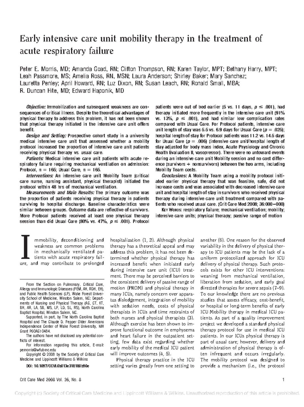 Morris Crit Care Med, 2008 - Early intensive care unit mobility ...