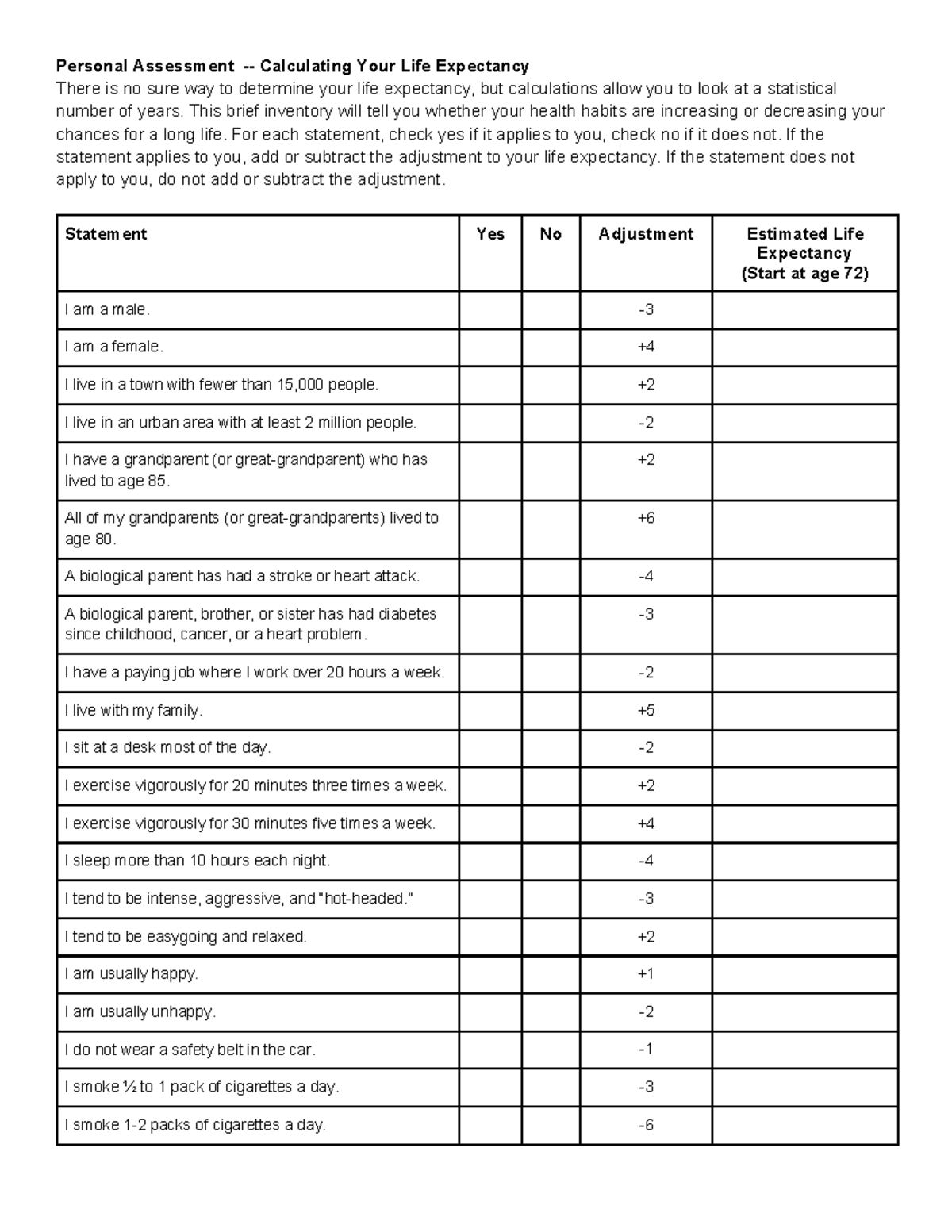 Life Expectancy Assessment fillable - Personal Assessment - Calculating ...