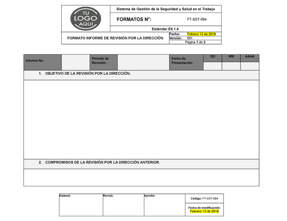 Ft Sst 084 Formato Informe Revisión Por La Alta Dirección Sistema De Gestión De La Seguridad Y 7271