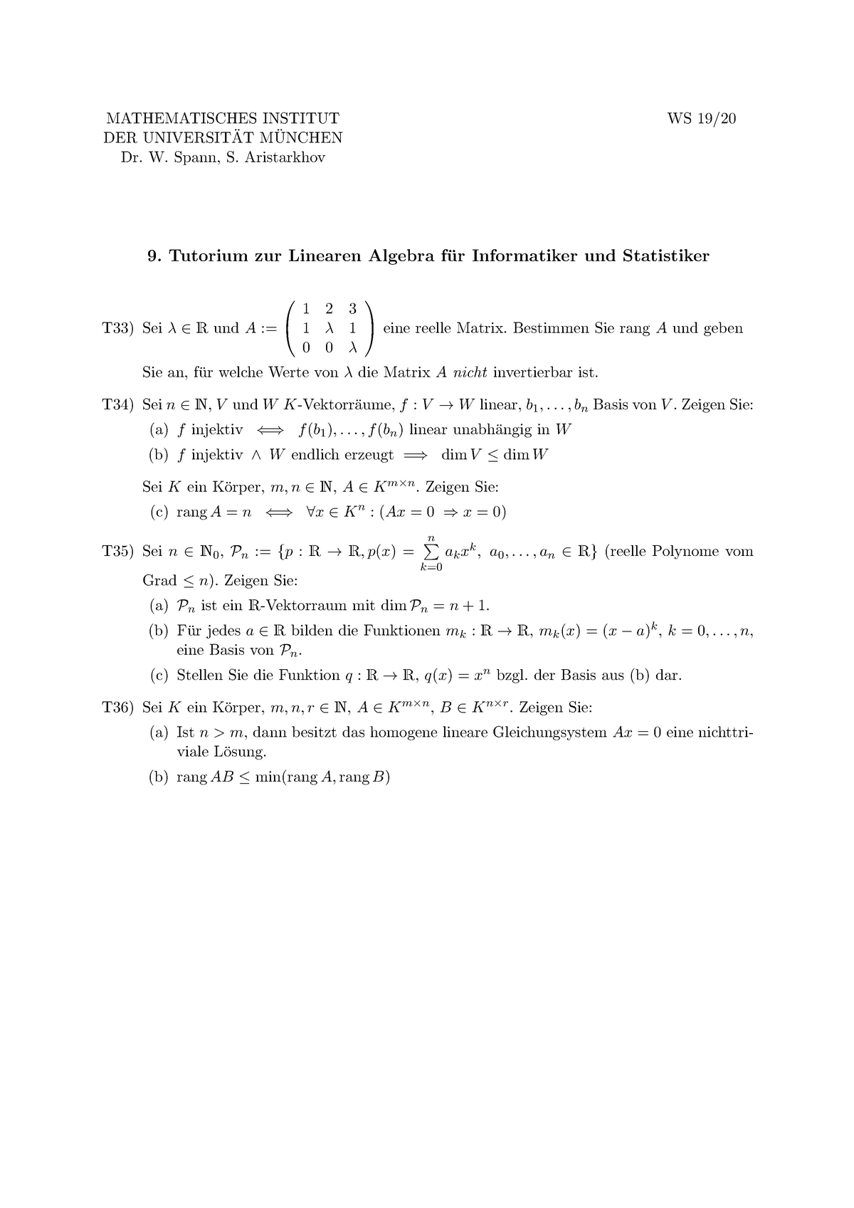 Tutorium 9 Aufgaben Lineare Algebra I Mathematisches Institut Der Universitat Studocu