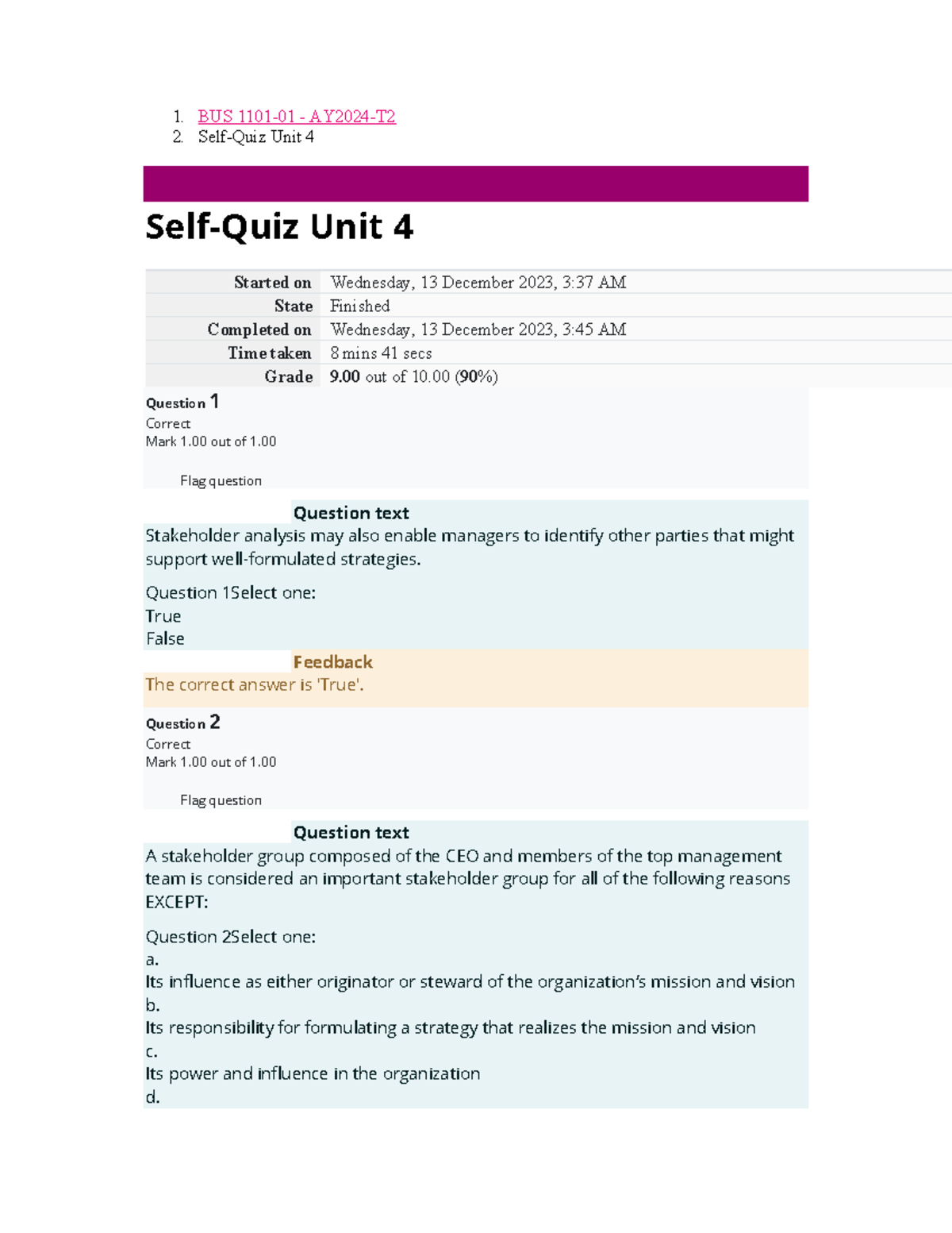 BUS 1101 Week 4 Self Quiz4 - 1. BUS 1101-01 - AY2024-T 2. Self-Quiz ...