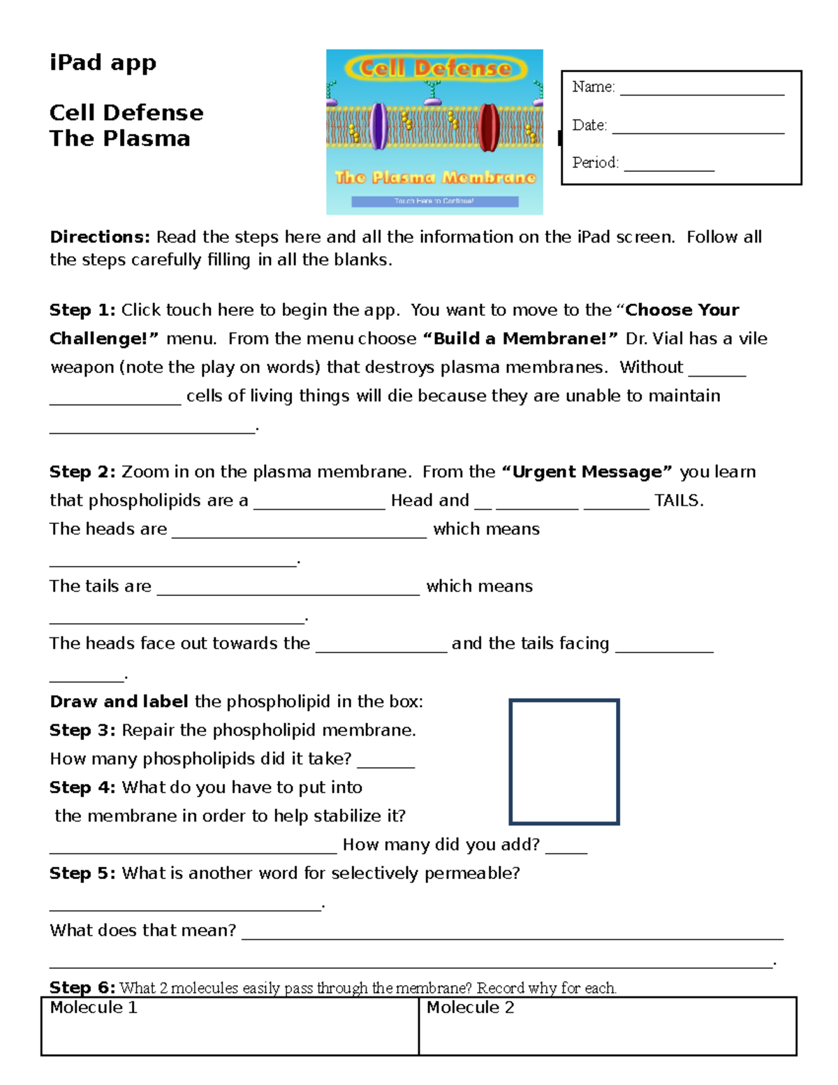 Cell Defense Worksheet IPad App Cell Defense The Plasma Membrane