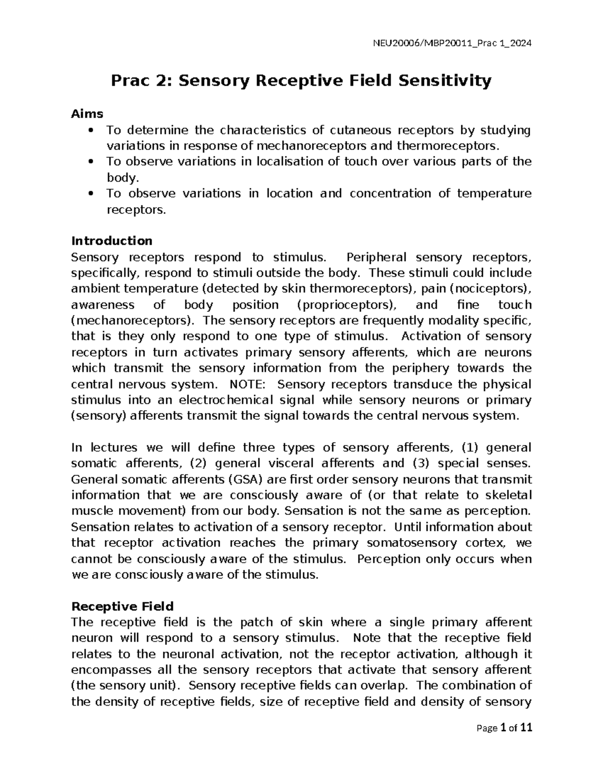NEU2000 6 Prac 2 2024 - practical notes - Prac 2: Sensory Receptive ...