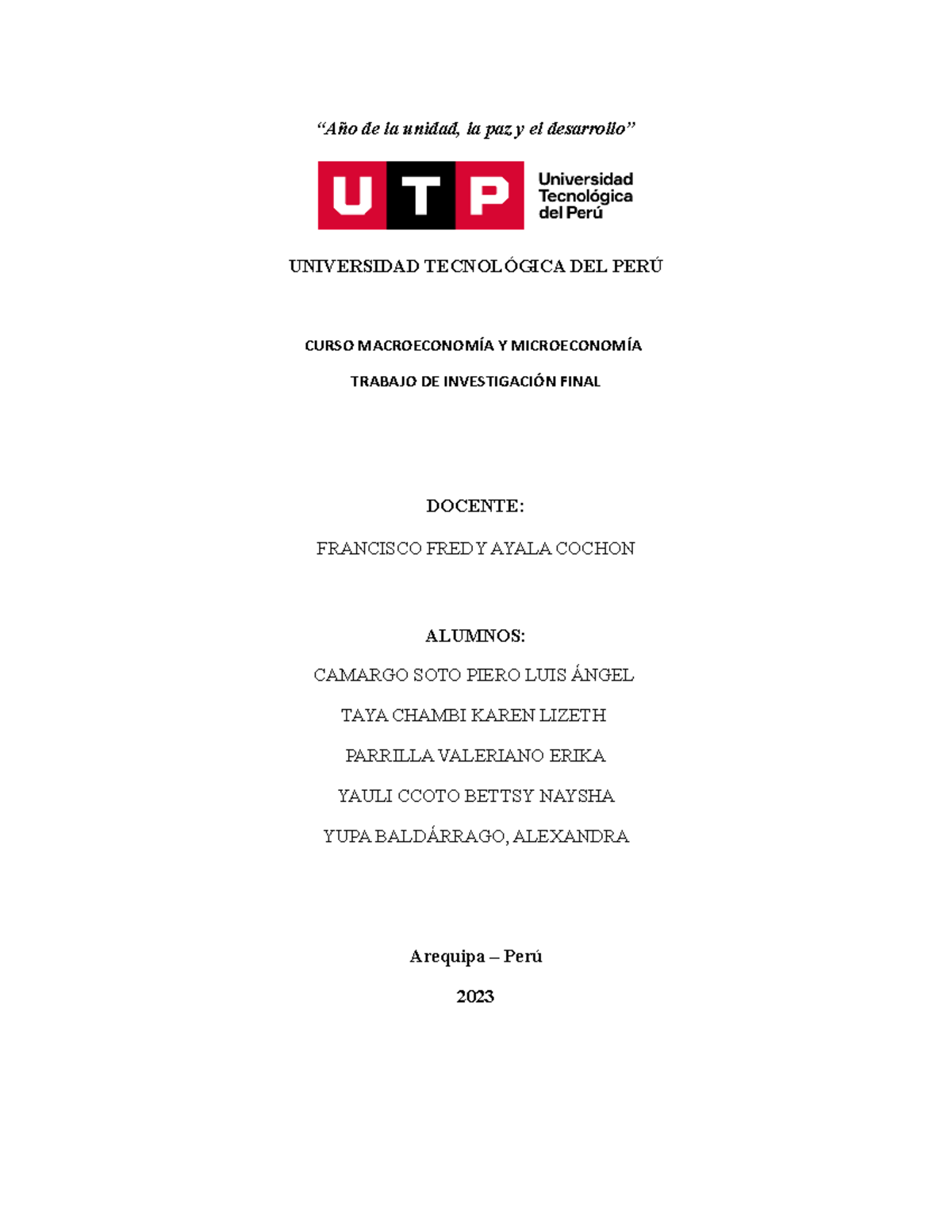 Trabajo Final Macroeconomia Y Microeconomia - “Año De La Unidad, La Paz ...